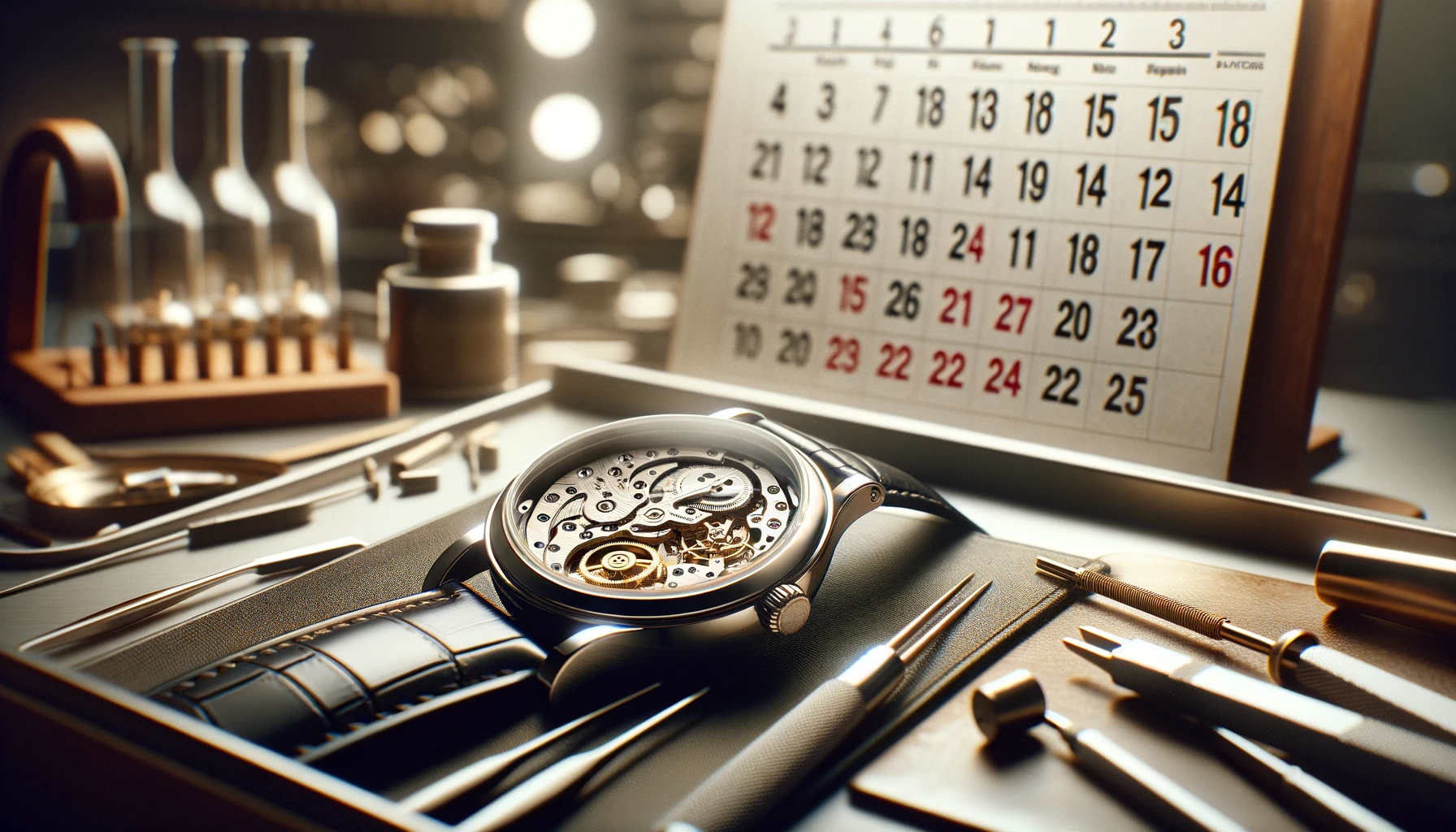 An elegant wristwatch lies open on a workbench, its back removed to reveal the inner mechanics. A calendar with marked dates hangs on the wall behind it, symbolizing the timing for battery replacement. The scene captures the essence of precision, care, and the critical timing involved in the maintenance of a luxury watch. The atmosphere is that of a professional watchmaker's workshop, with specialized tools neatly arranged, ready for the delicate task of battery replacement.