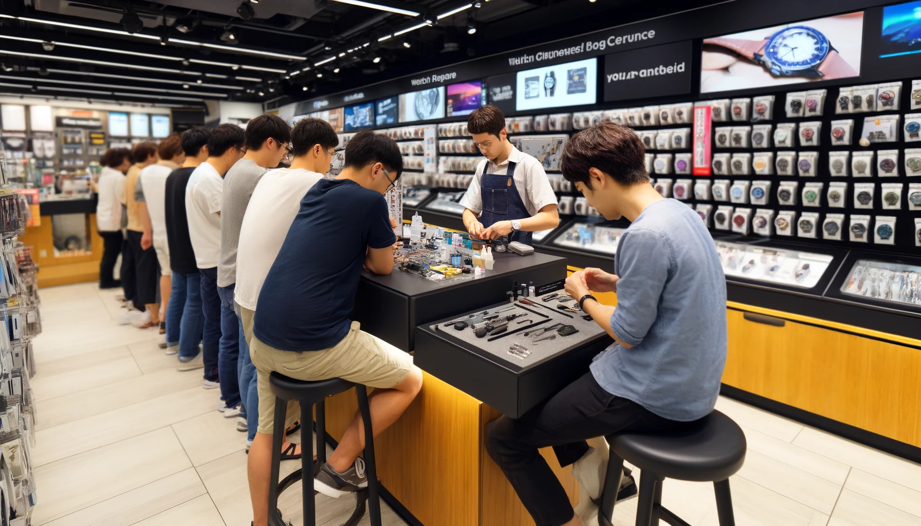 A busy electronics retail store with a special counter dedicated to watch repairs and battery replacements. Customers are seen waiting in line, holding their wristwatches for service. The counter is equipped with various watch repair tools, and a staff member is meticulously working on a watch, showcasing the battery replacement process. The store's interior is filled with shelves of electronic gadgets, creating a modern and vibrant atmosphere.