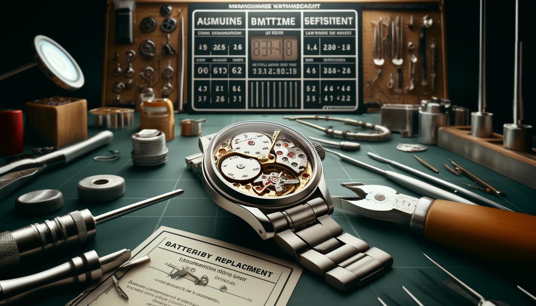 An elegant wristwatch lies open on a workbench, its back removed to reveal the inner mechanics, surrounded by basic information on battery replacement displayed on notes and a digital display showing battery life percentages. A calendar with marked dates hangs on the wall behind it, emphasizing the importance of timely battery replacement. The scene combines the precision and care in the maintenance of a luxury watch within a professional watchmaker's workshop, where specialized tools are neatly arranged, and educational materials about battery maintenance are visible, creating an informative and detailed setting.