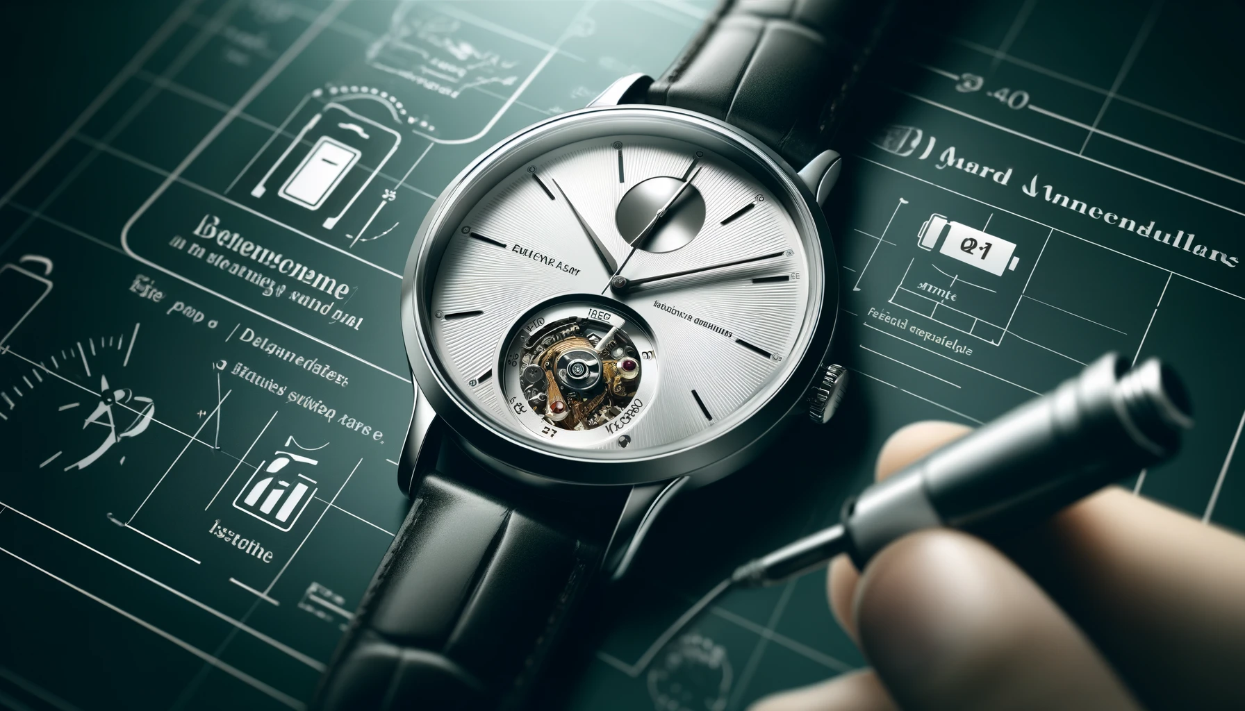 A close-up view of an elegant wristwatch, highlighting the second hand moving in a visibly slowed motion, symbolizing the battery running low. The background subtly features symbols and text indicating the signs and timing for battery replacement, such as a battery icon with a low charge and a calendar with reminder dates circled. The watch's dial is detailed, with emphasis on the slowing second hand, set against a backdrop that combines elements indicating the necessity of timely maintenance. The scene conveys the critical moment when a watch owner recognizes the need for a battery change, blending technical indicators with the beauty of a luxury timepiece.