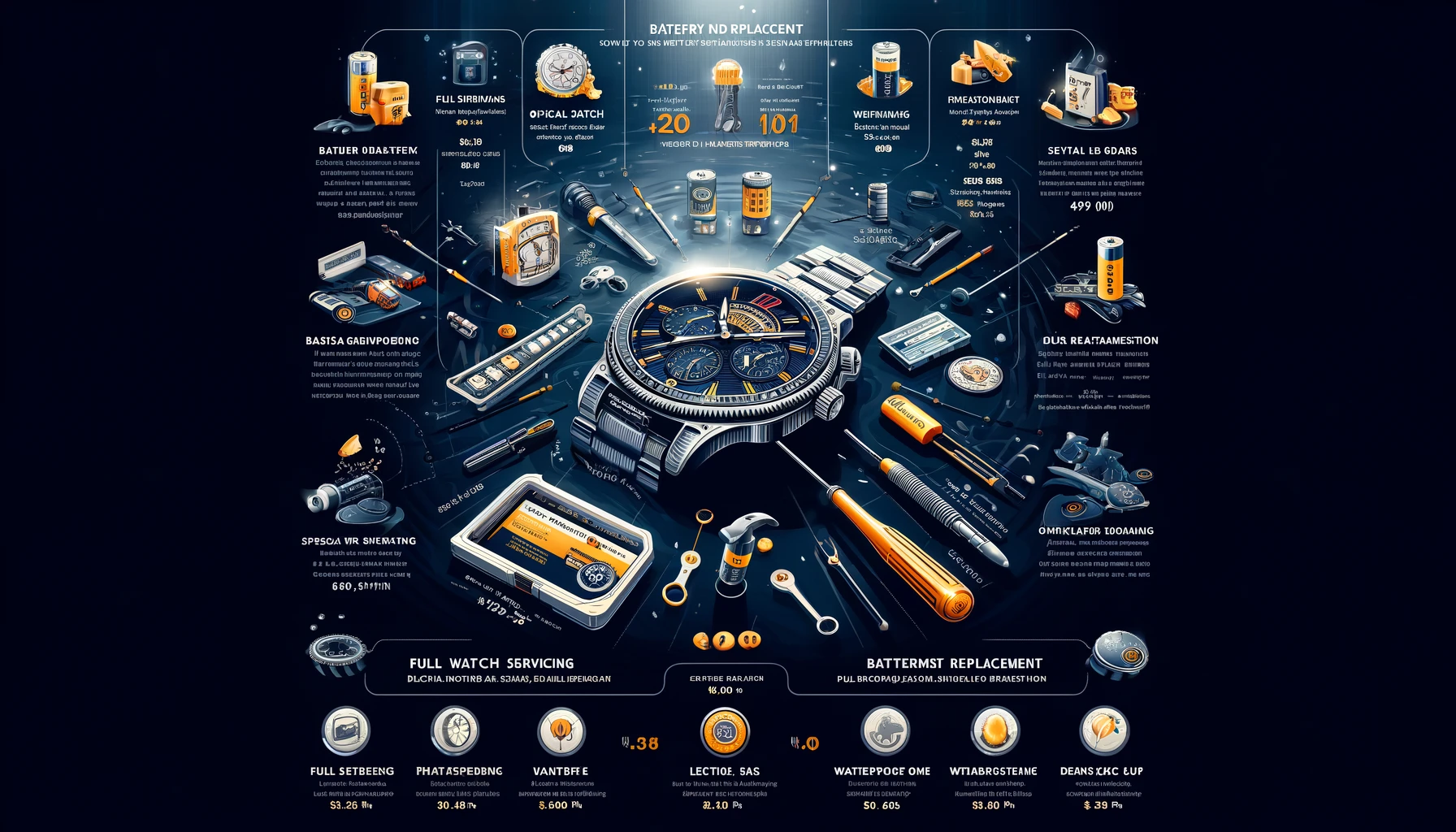 A detailed infographic showcasing the costs and services associated with watch battery replacement. The visual includes a comparison chart that breaks down the prices for battery replacement at different locations such as official watch stores, electronics retailers, and specialty repair shops. It highlights key services provided at each type of location, like full watch servicing, basic battery replacement, waterproof testing, and warranty coverage. The background features a sleek and professional design, with icons representing each service and cost point for easy understanding.