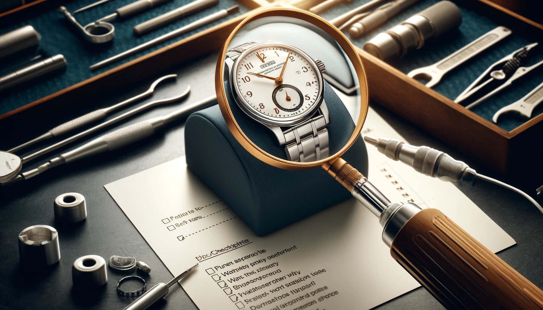 An image depicting a watchmaker's workstation where a freshly battery-replaced wristwatch undergoes a series of checks. The workstation is organized with a magnifying glass positioned over the watch, illuminating its dial and hands. Beside the watch, a checklist is visible, outlining the key checkpoints such as time accuracy, waterproof integrity, and overall functionality. The background suggests a precision tool set for watch servicing, emphasizing a professional and meticulous environment.