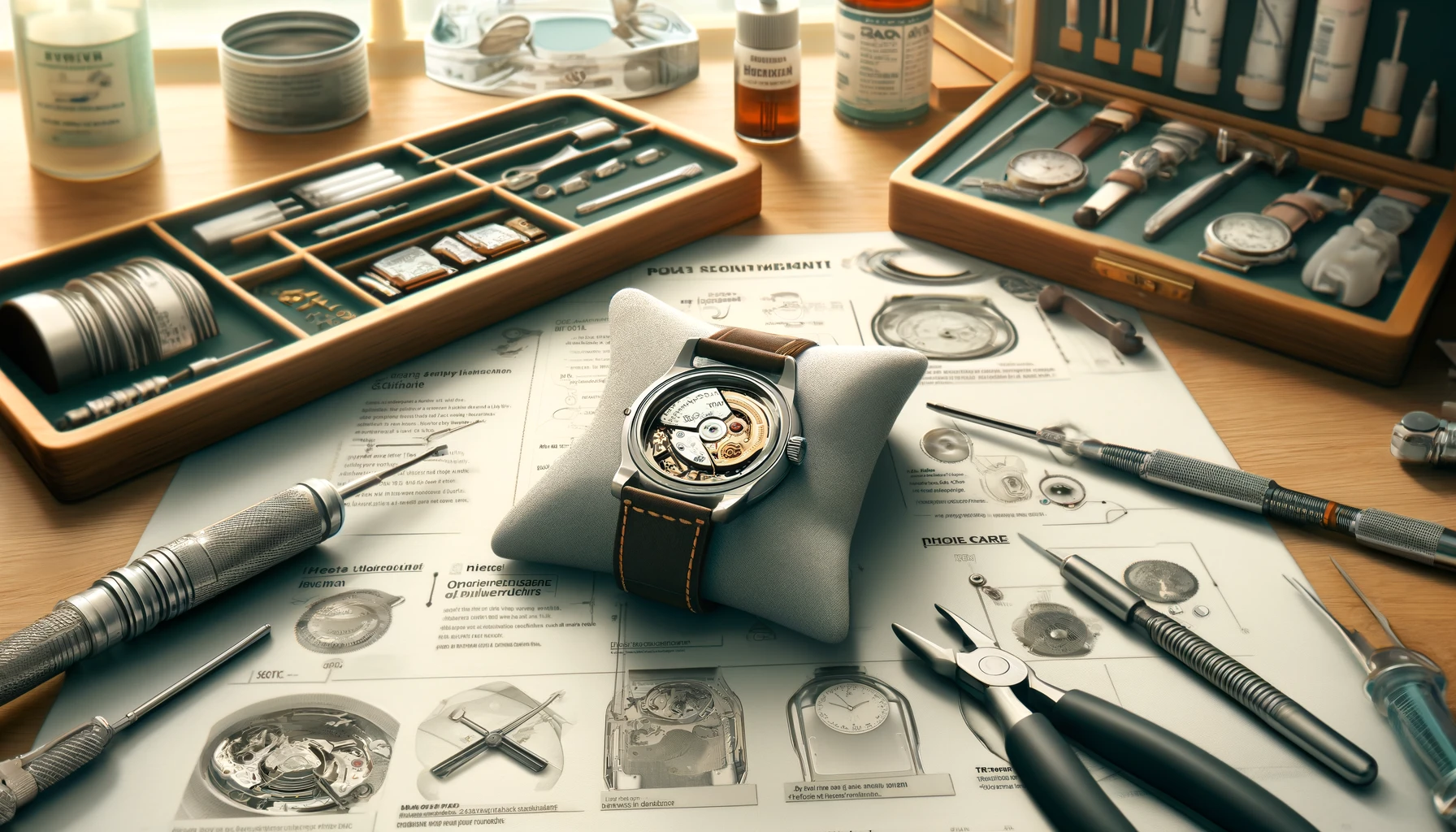 An illustration of a watch undergoing maintenance after a battery replacement, set in a clean, well-lit watchmaker's workshop. The scene includes a wristwatch laid out on a soft cloth with its back open, revealing a new battery inside. Nearby, a set of fine tools for adjusting and cleaning the watch parts is neatly arranged. In the background, a shelf holds various watch care products such as lubricants and cleaners, alongside a detailed guide on post-battery replacement maintenance steps, emphasizing the importance of regular care to extend the life of the watch.