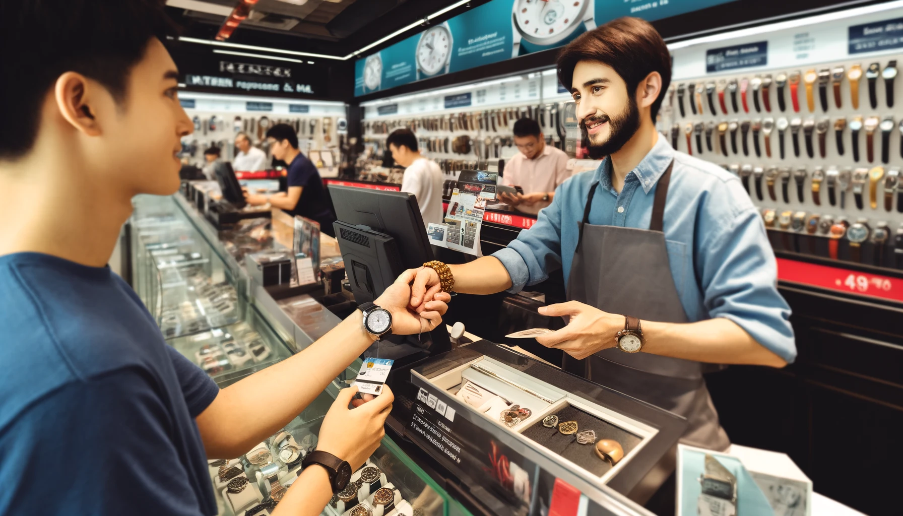 A customer is at a checkout counter in a bustling electronics retail store, paying for a wristwatch battery replacement service. The scene is set within the store, with the customer handing over payment to a friendly cashier. Behind them, an array of watches and electronics on display can be seen, along with a sign indicating the battery replacement service and its cost prominently displayed. The atmosphere is lively, with other customers browsing and store staff assisting them. The focus is on the transaction at the counter, capturing the moment of payment with a credit card being handed over, and a receipt being printed, symbolizing the completion of the service.