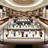 A wide, elegant display of a variety of high-end watches arranged neatly in a luxurious outlet store setting. The watches, showcasing different styles and designs from classic to modern, are placed on velvet cushions and pedestals under soft, sophisticated lighting that highlights their craftsmanship and detail. The backdrop is a chic, well-organized outlet interior with glass cases and wooden accents, giving a sense of exclusivity and variety in the selection.