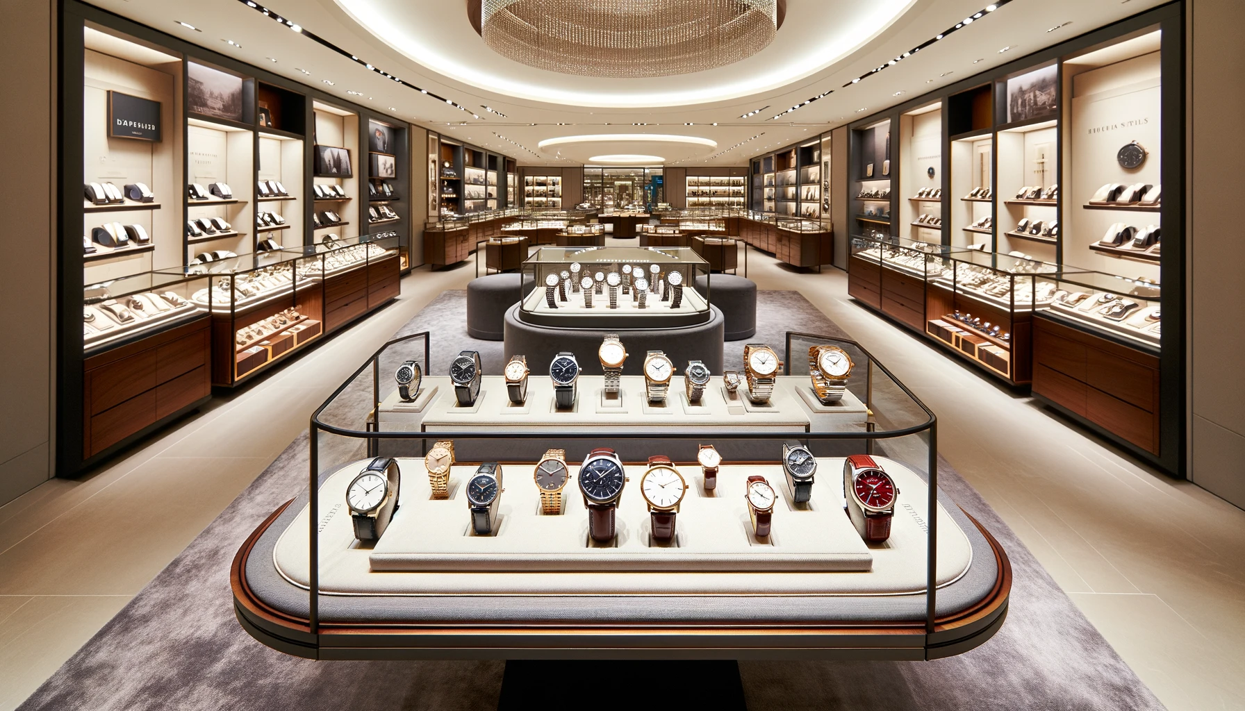 A wide, elegant display of a variety of high-end watches arranged neatly in a luxurious outlet store setting. The watches, showcasing different styles and designs from classic to modern, are placed on velvet cushions and pedestals under soft, sophisticated lighting that highlights their craftsmanship and detail. The backdrop is a chic, well-organized outlet interior with glass cases and wooden accents, giving a sense of exclusivity and variety in the selection.