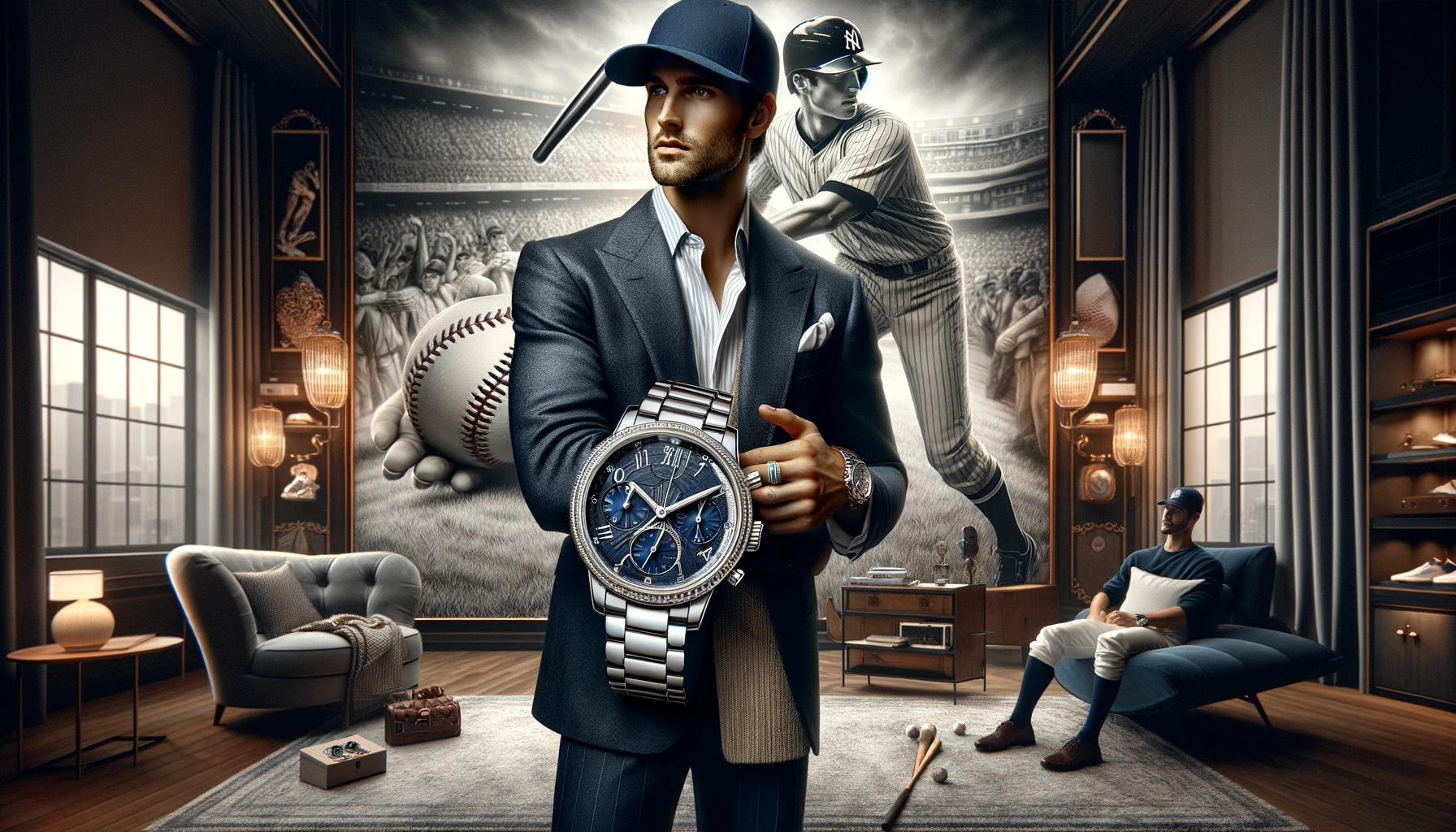 Imagine a scene where a renowned baseball player is elegantly showcasing a luxurious wristwatch, reputed to be his choice of timepiece. The player stands confidently in a well-lit, sophisticated space that hints at both his sports and style icon status. He is dressed in a smart casual outfit, complementing the wristwatch's elegance. In one hand, he holds a baseball, subtly nodding to his profession, while the other hand prominently displays the watch, drawing attention to its design and luxury. The background is tastefully decorated with elements of baseball and high fashion, blending the worlds of sports and luxury watches. This composition not only highlights the watch's sophistication but also the player's stature as a fashion-forward athlete, admired on and off the field.