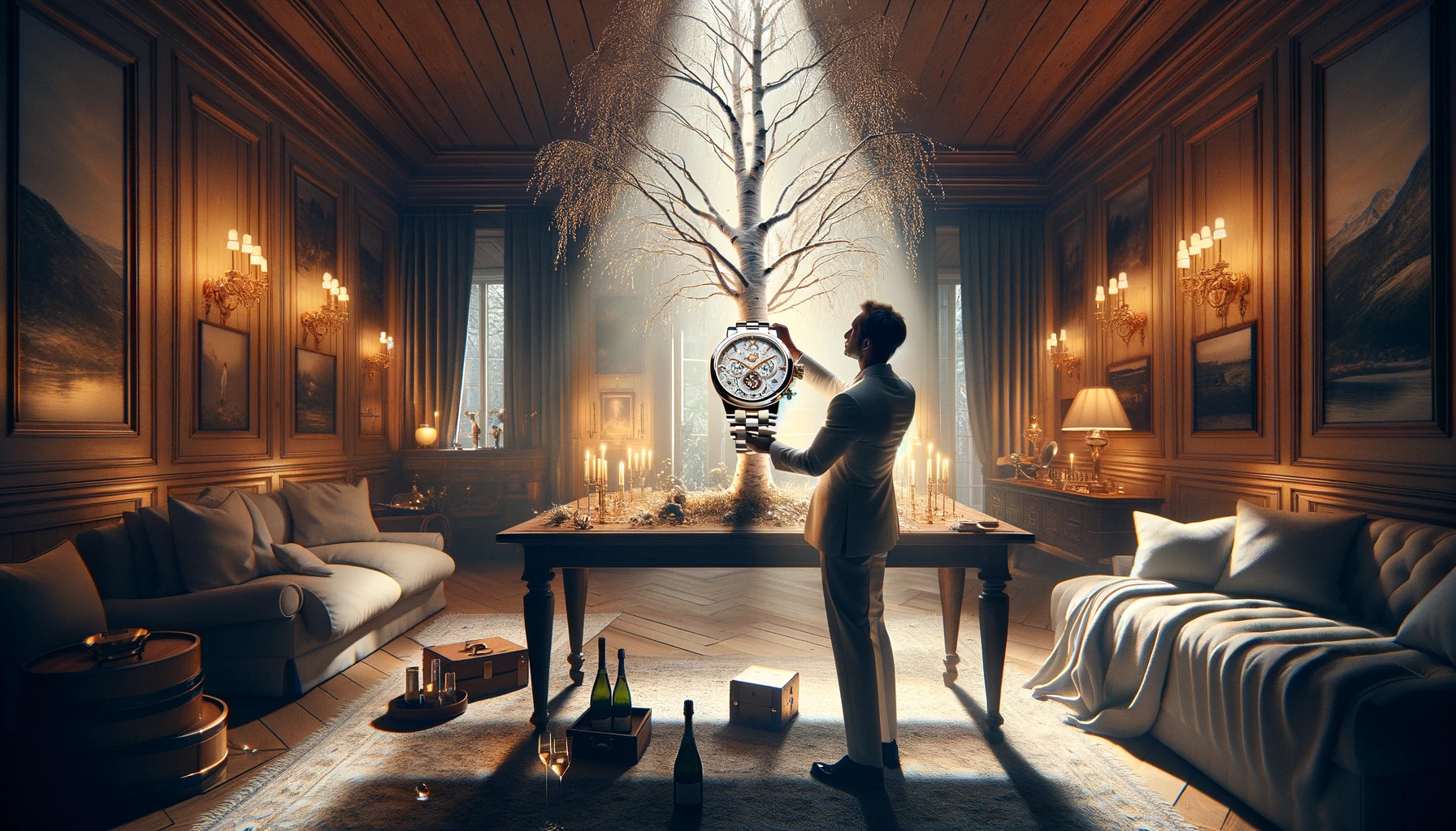 A scene capturing the triumphant moment when someone finally acquires a luxurious wristwatch inspired by the white birch tree, after overcoming its difficult availability. The setting is celebratory and intimate, perhaps in the interior of a lavish home or a private collectors' club, where the new owner is holding the wristwatch up to the light, admiring its elegance and the intricate details that evoke the white birch. The atmosphere is filled with a sense of achievement and satisfaction, with the watch's shimmering face and sleek design catching the light beautifully. The room could be adorned with subtle nods to the owner's perseverance and taste for luxury, such as fine art on the walls and a glass of champagne on a nearby table, ready to toast to this significant acquisition. The overall mood is one of joy and exclusivity, highlighting the special connection between the collector and the sought-after timepiece.