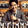 A Japanese man, in his 30s, happily holding his newly acquired luxury wristwatch, surrounded by different luxury wristwatches displayed elegantly. He is smiling with satisfaction, dressed stylishly, and the atmosphere is one of joy and excitement. No brand logos visible.