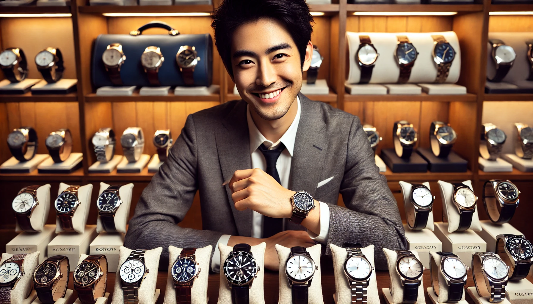 A Japanese man, in his 30s, happily holding his newly acquired luxury wristwatch, surrounded by different luxury wristwatches displayed elegantly. He is smiling with satisfaction, dressed stylishly, and the atmosphere is one of joy and excitement. No brand logos visible.