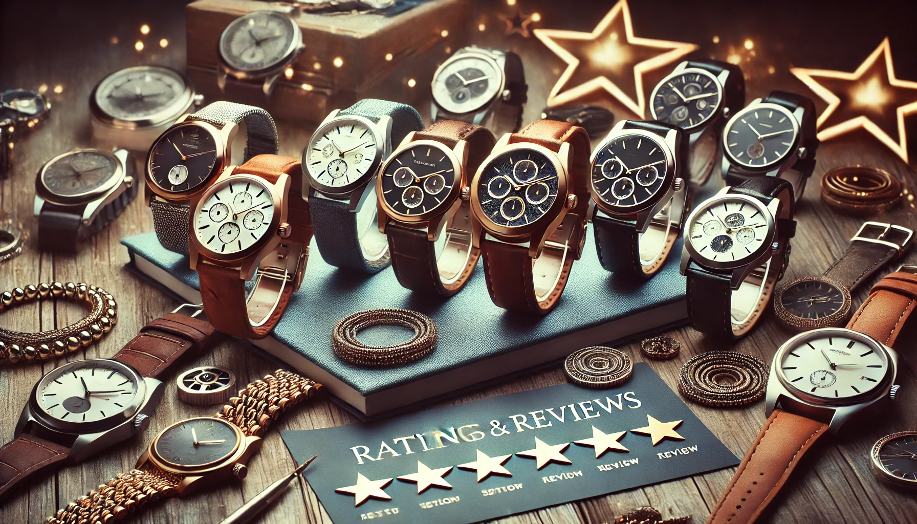 A variety of luxury wristwatches displayed with different ratings and reviews, elegantly arranged on a table with rating stars or review notes nearby. The image should have a premium and sophisticated feel, showcasing high-end designs without any brand logos.