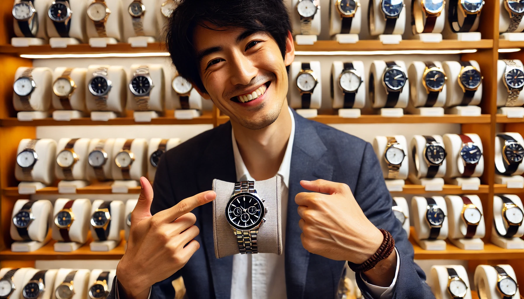 A happy Japanese man proudly showing his newly purchased luxury wristwatch after finding his perfect choice from a wide selection. The scene is upscale and elegant, focusing on his satisfaction and joy, as well as the beautiful wristwatch, without any brand logos.