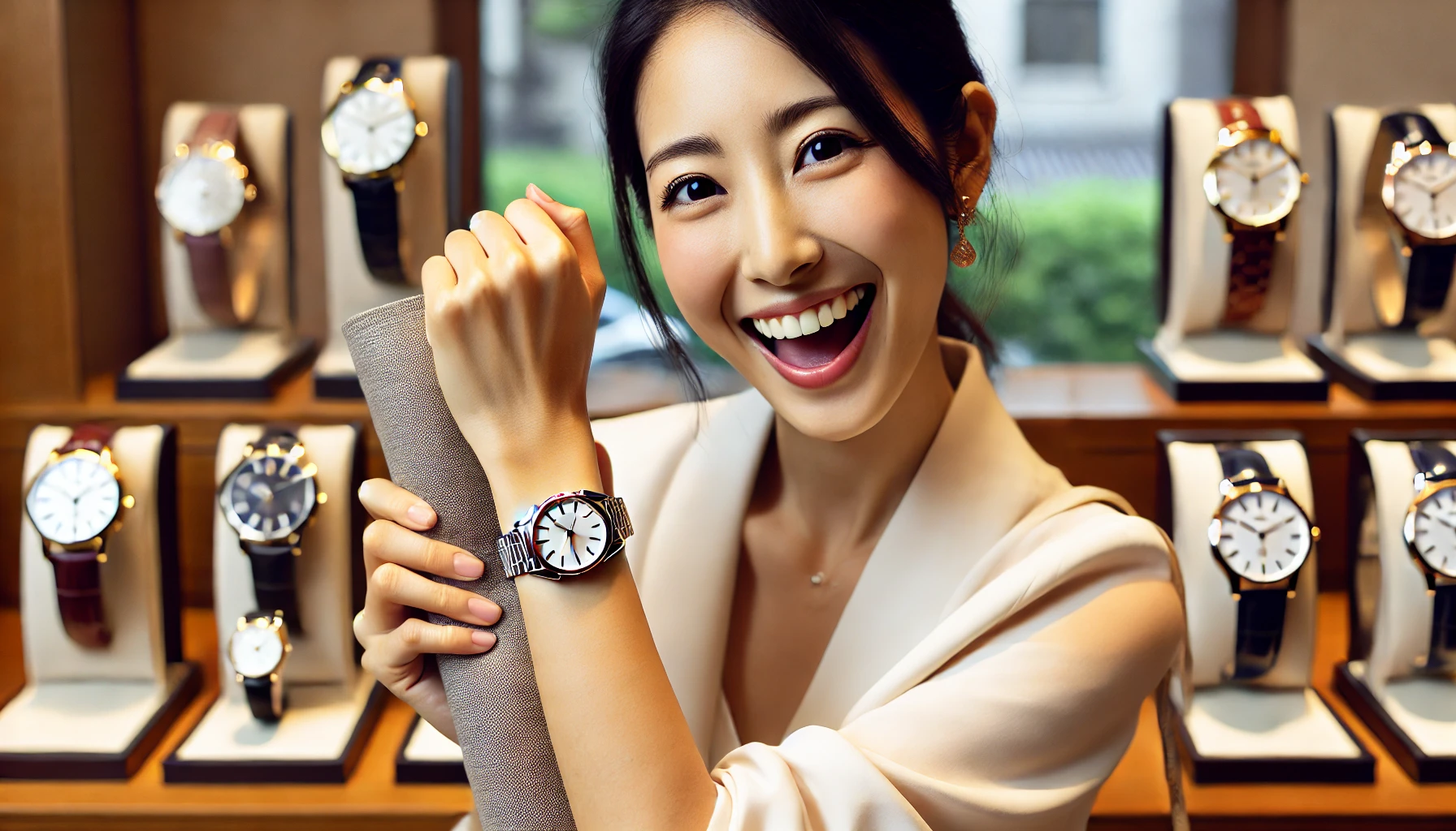 A happy Japanese woman holding her newly purchased luxury wristwatch, excited to have found her perfect choice among a wide selection. The setting is elegant and upscale, with a focus on her joy and the beautiful wristwatch she is showcasing, without any brand logos.