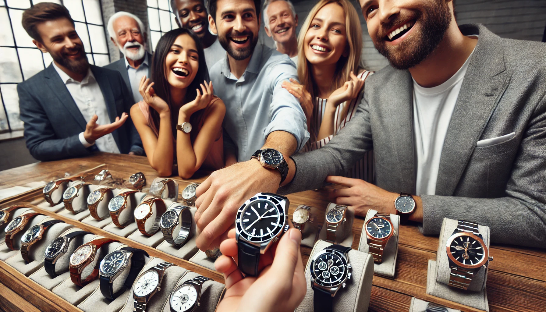 A variety of luxury wristwatches being admired by a diverse range of people from different backgrounds and age groups, highlighting their broad appeal and popularity. The setting is elegant and stylish, focusing on the watches and happy customers without any brand logos.