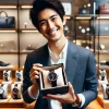 A Japanese man smiling after purchasing his favorite luxury wristwatch, holding the watch box proudly in a modern boutique setting. Various luxury watches are displayed around him, showcasing his joy and satisfaction after finding the perfect timepiece.