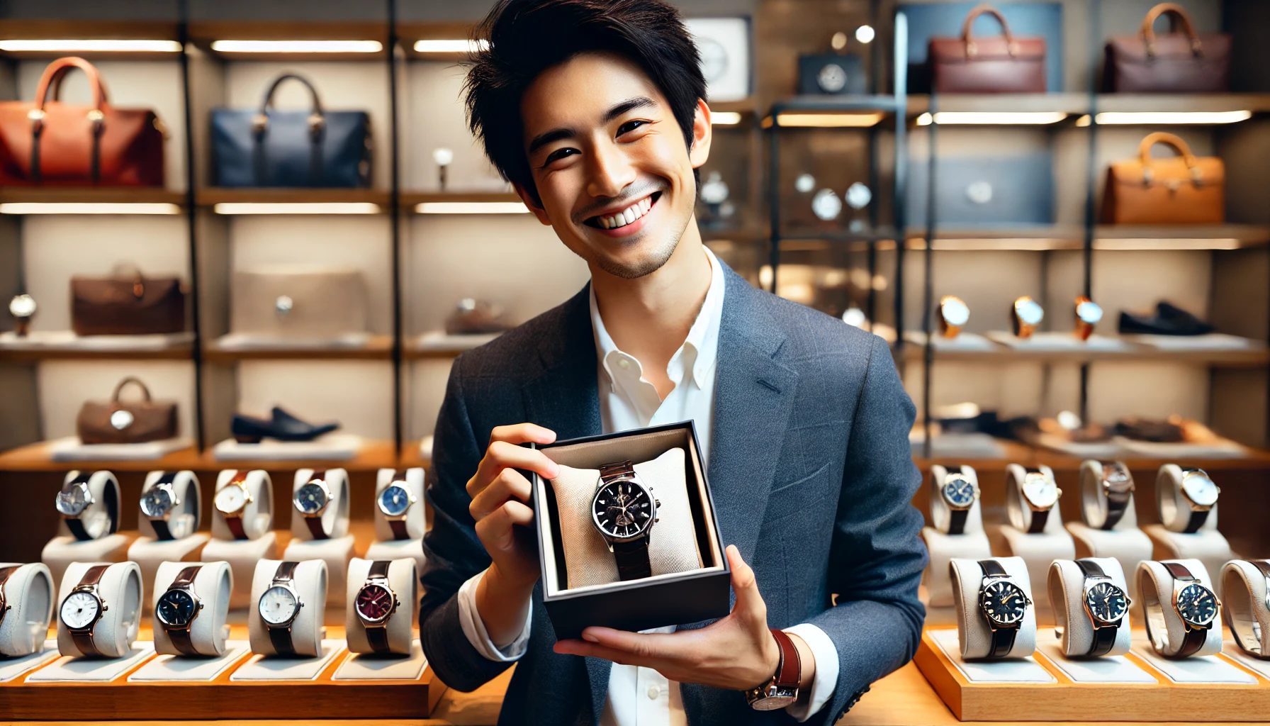 A Japanese man smiling after purchasing his favorite luxury wristwatch, holding the watch box proudly in a modern boutique setting. Various luxury watches are displayed around him, showcasing his joy and satisfaction after finding the perfect timepiece.