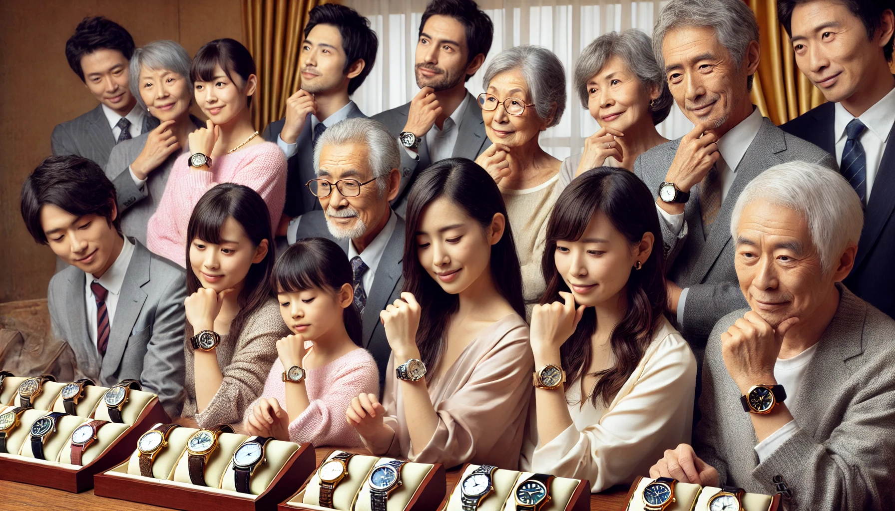 A diverse group of Japanese people from various age groups and backgrounds, looking at luxury watches, showing their wide appeal and popularity across different demographics. The setting is elegant, with no visible brand logos.