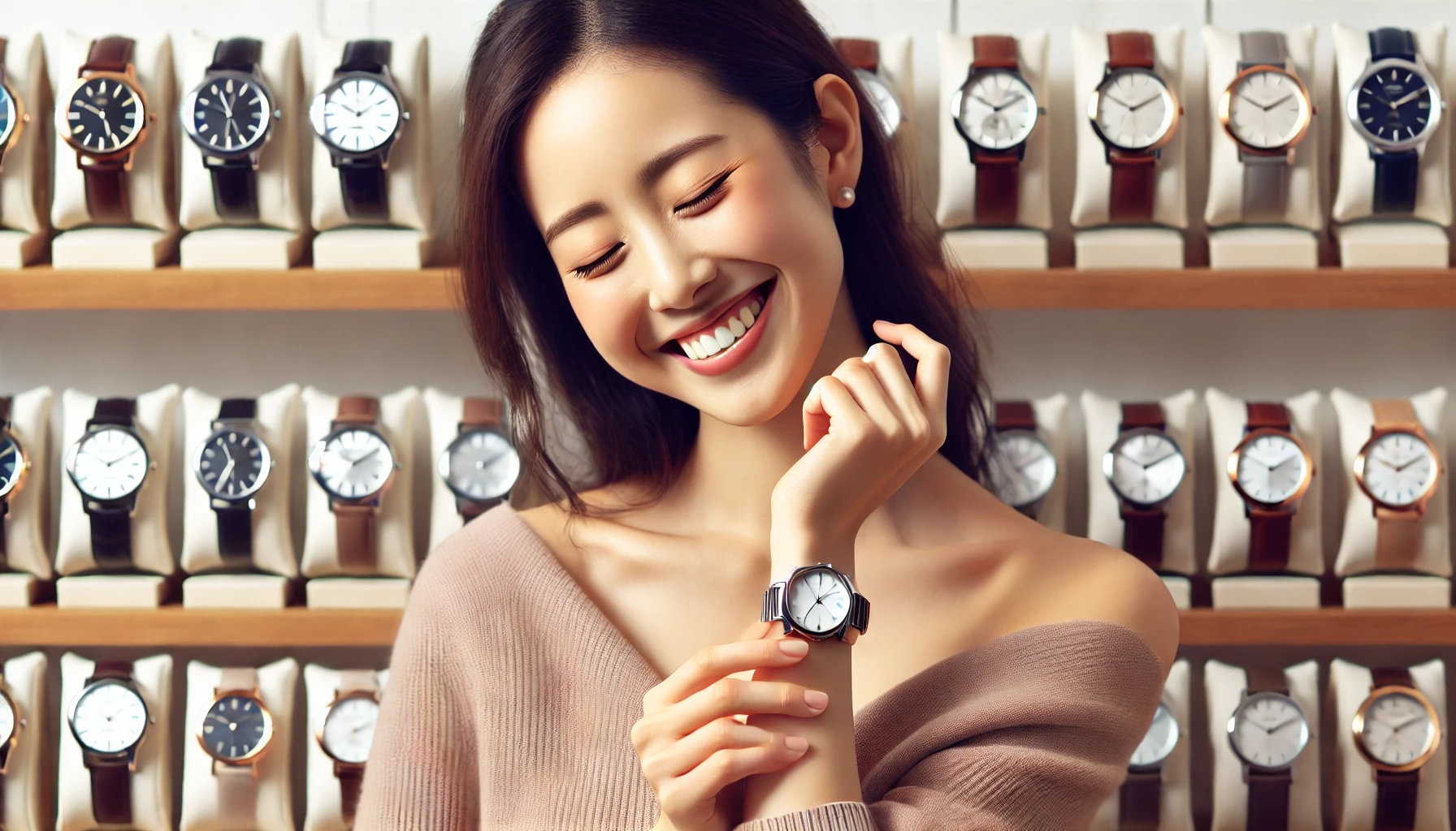 A happy Japanese woman who has found her favorite luxury watch among many, smiling with joy as she holds the watch in an elegant, minimalistic setting. The scene highlights her satisfaction with her purchase, with no visible brand logos.