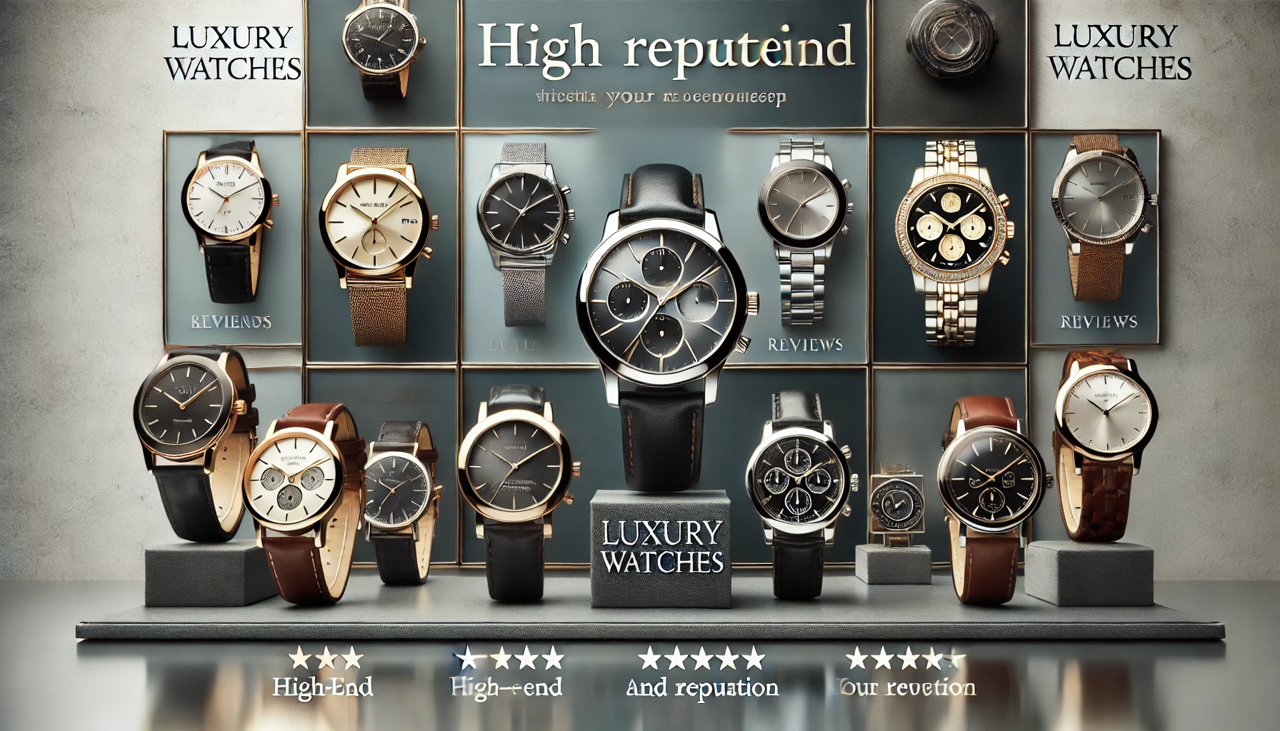 A stylish display of various luxury watches, showing different styles and reviews, set against a high-end, sleek background without any brand logos. The layout highlights the elegance and reputation of the watches, with a focus on their craftsmanship.