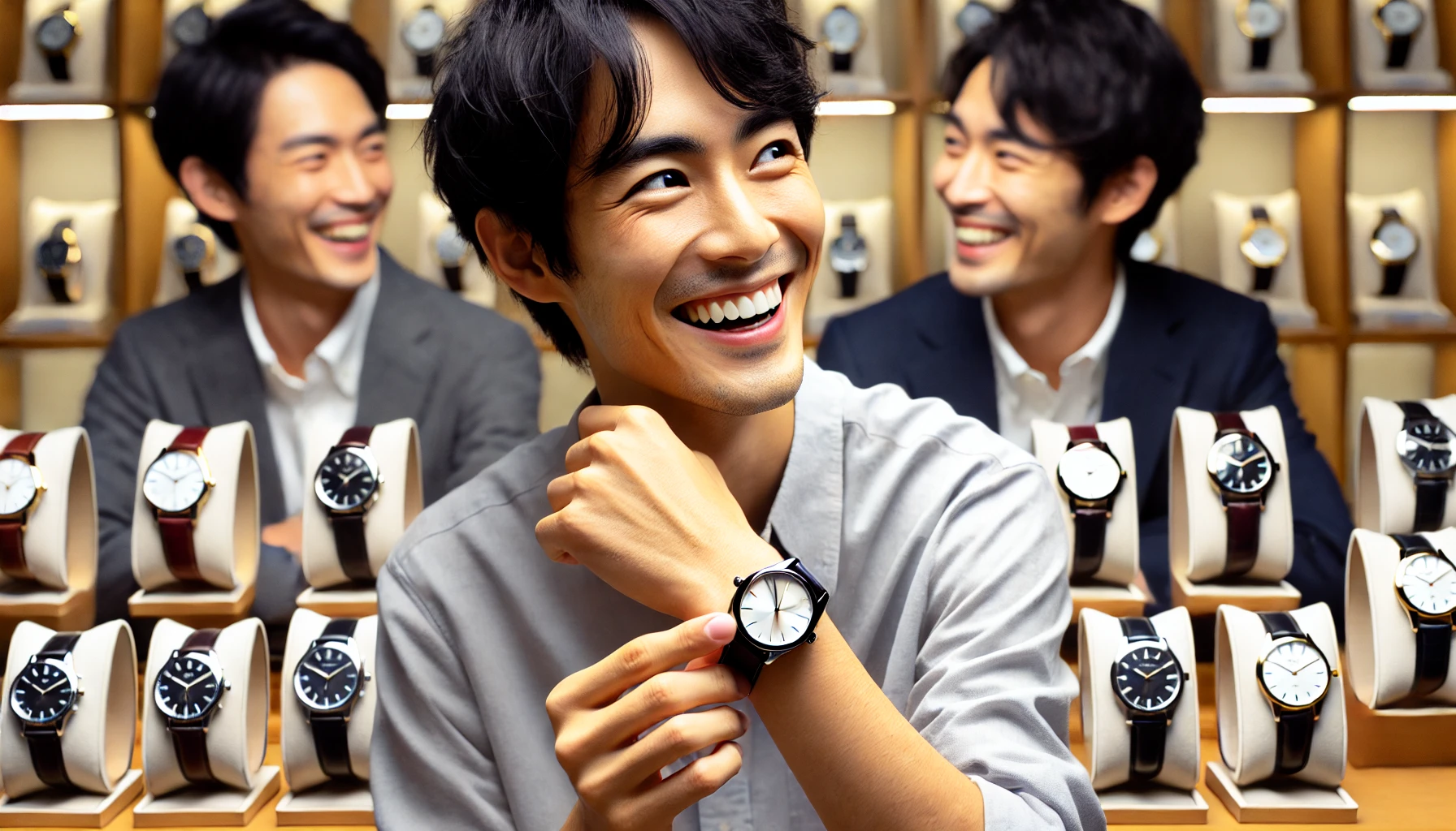 A happy Japanese man who has found his favorite luxury watch among many, smiling with joy as he holds the watch in an elegant, minimalistic setting. The scene highlights his satisfaction with his purchase, with no visible brand logos.