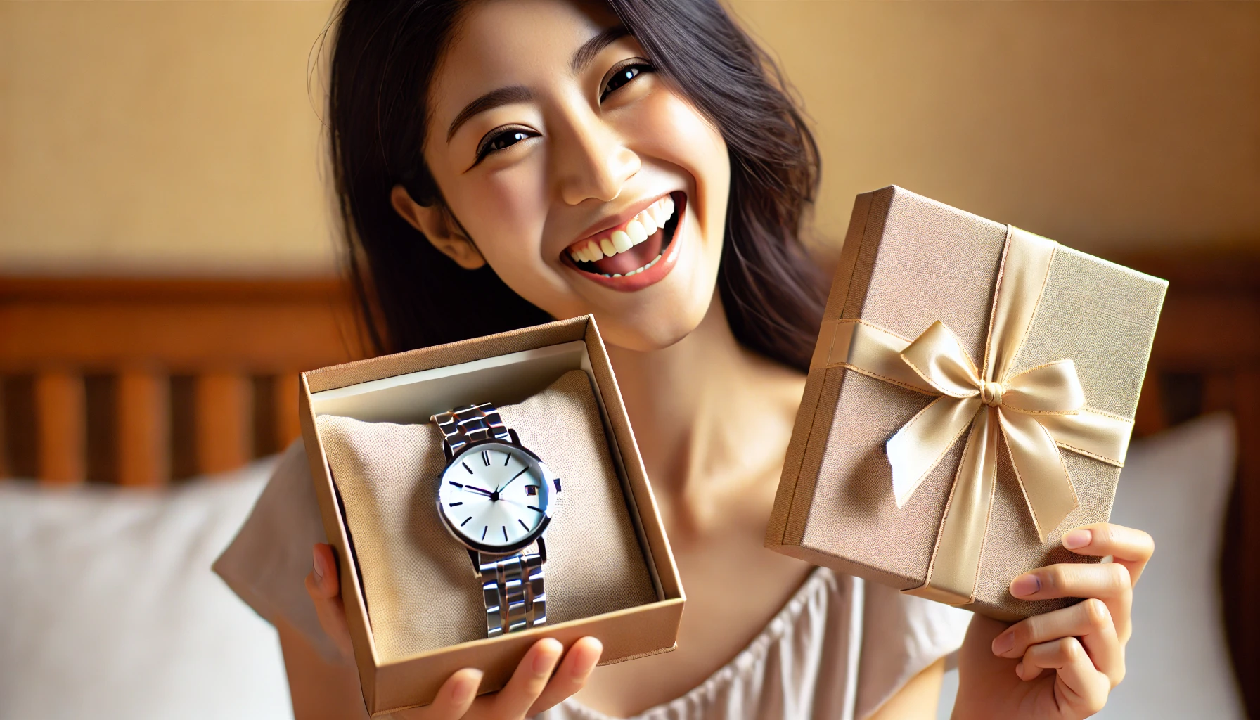 A Japanese woman happily holding a metallic women's wristwatch in a gift box, displaying excitement and joy. The background is simple yet warm, capturing a sense of celebration and satisfaction. The focus is on the elegant watch and her smile, representing the joy of receiving a refined, practical gift.