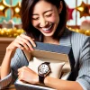 A person, happy and excited, receiving a luxury wristwatch with a precise movement and elegant design as a gift. The person, a Japanese individual, is opening the watch box and smiling, with a celebratory atmosphere in the background.