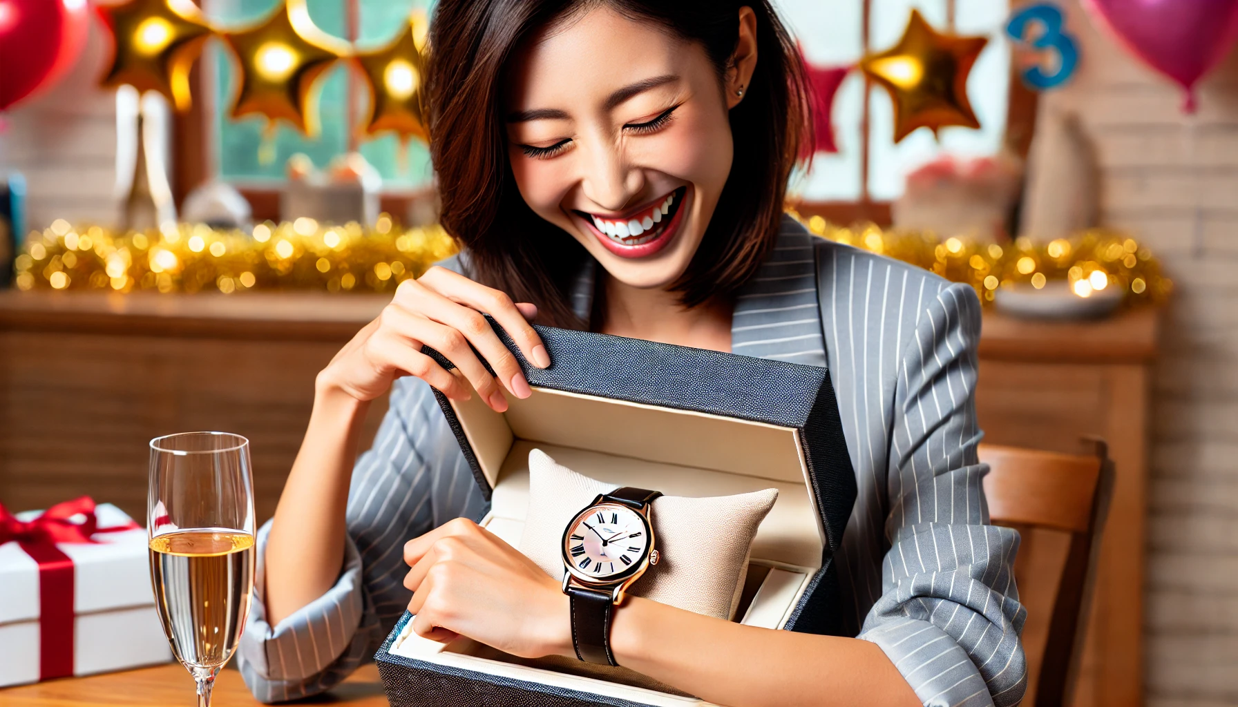 A person, happy and excited, receiving a luxury wristwatch with a precise movement and elegant design as a gift. The person, a Japanese individual, is opening the watch box and smiling, with a celebratory atmosphere in the background.