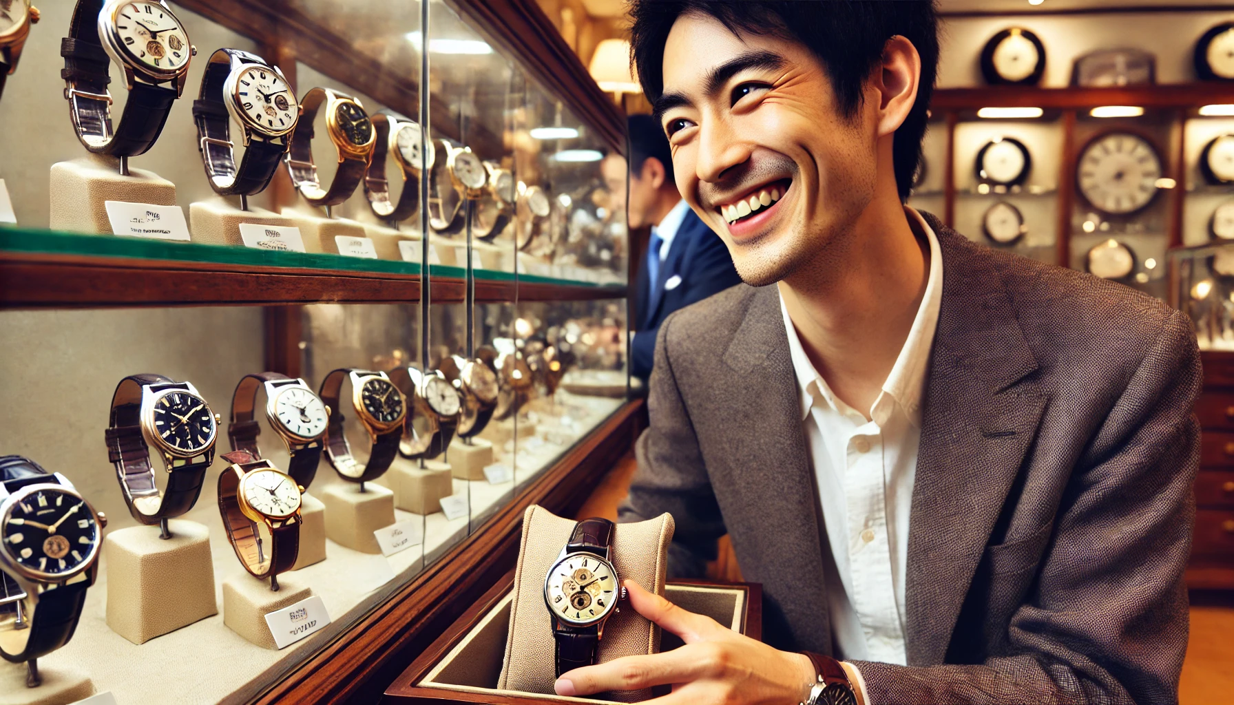 A Japanese man smiling with joy after finding and purchasing his favorite luxury antique wristwatch from a collection. The scene is set in a high-end watch store with a display of vintage timepieces. The man holds the chosen watch, showing excitement, while surrounded by an elegant, sophisticated environment with glass showcases filled with other antique wristwatches. No brand logos.