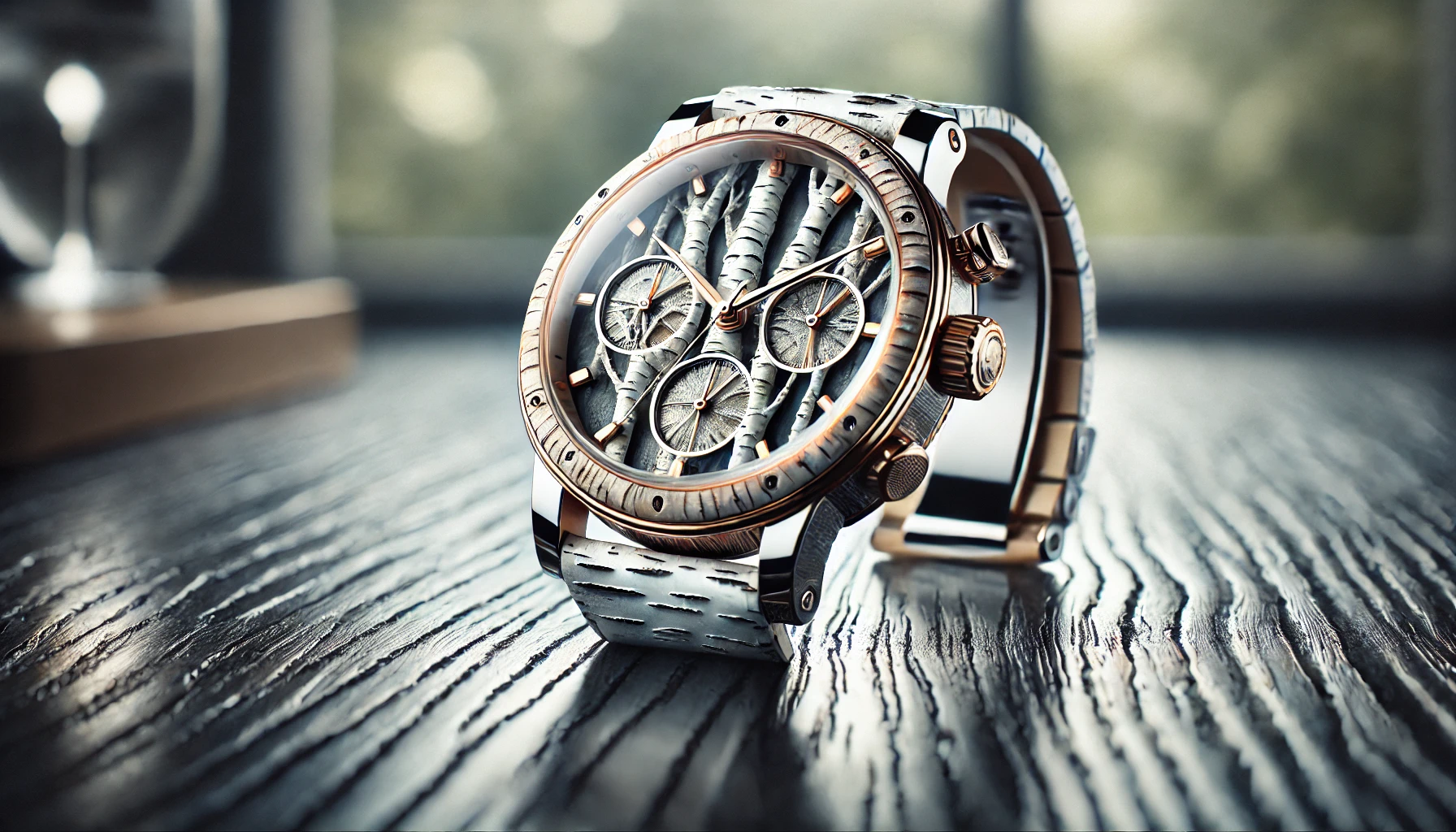 A luxurious watch inspired by the texture and colors of white birch trees, displayed elegantly on a polished wooden surface. The watch features a unique dial design resembling birch bark, with intricate details and high-end materials. The background is softly blurred, emphasizing the watch as the focal point of the image.