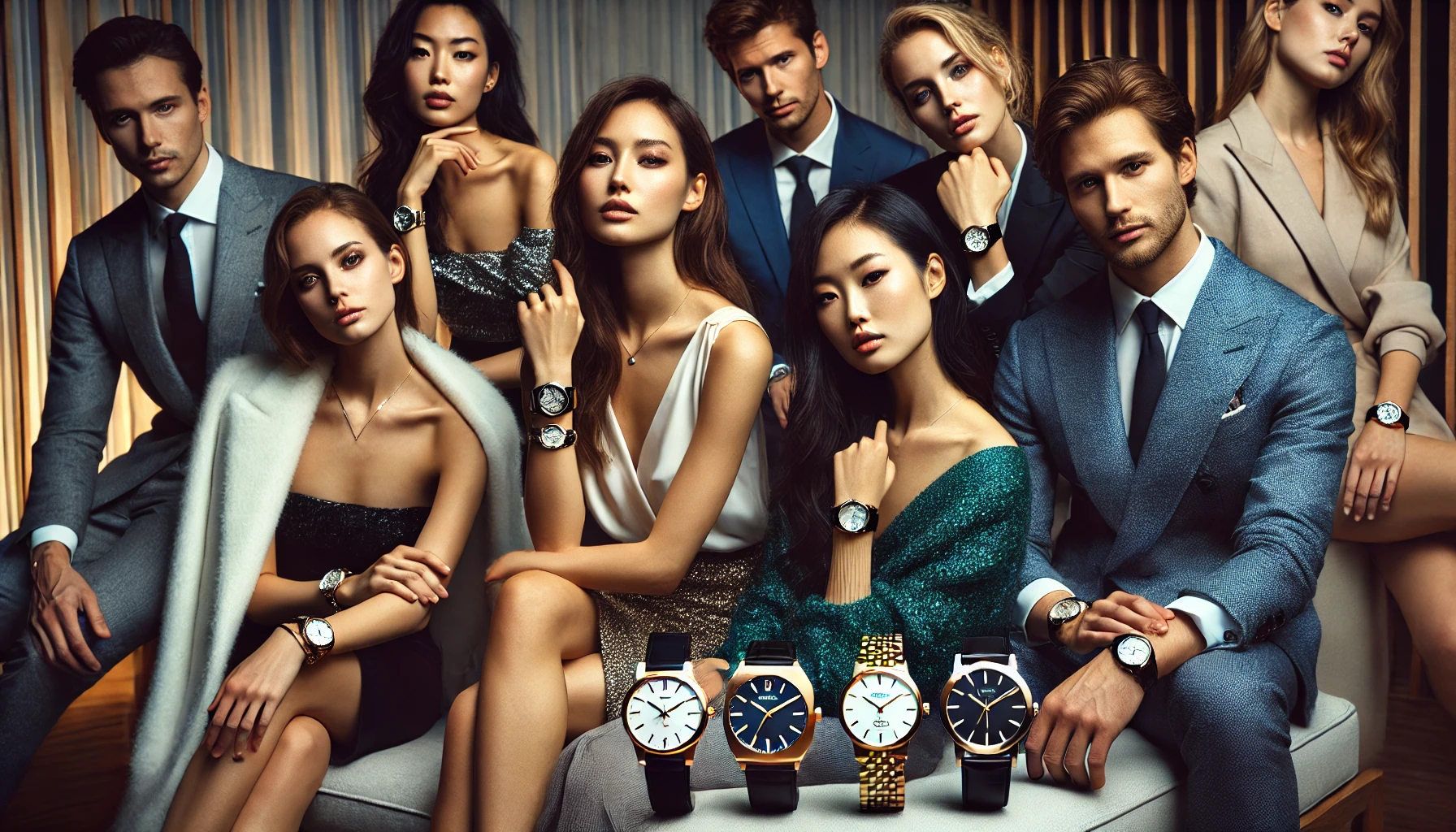 A group of diverse international celebrities wearing various luxury watches. They are dressed stylishly, showcasing elegant wristwatches in a glamorous setting. The image captures the sophistication of high-end fashion, with the watches being the focal point. All individuals are Japanese, posed in a luxurious, modern environment.