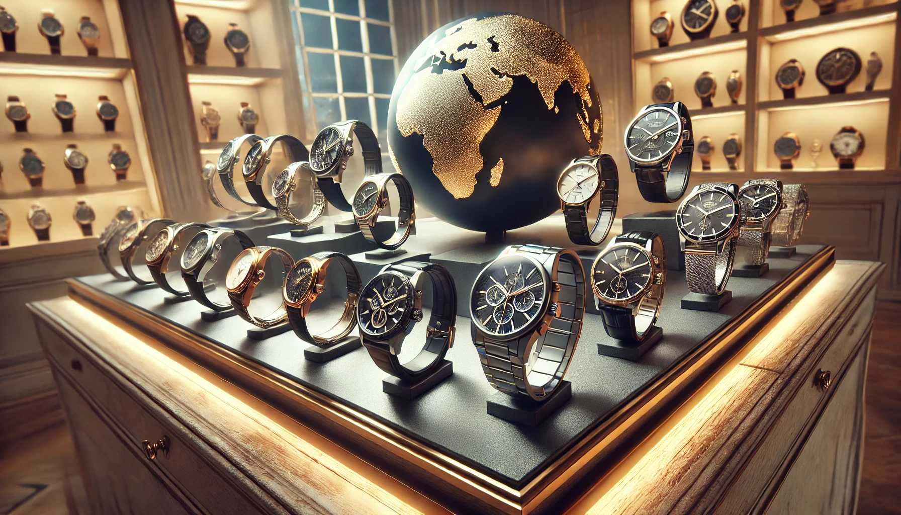 A display of various luxury watches popular among international celebrities. The image features a collection of different styles of high-end watches on display, with sleek modern designs and intricate details. In the background, there's a sense of luxury and sophistication, with soft lighting and elegant décor, representing the global popularity of these watches. No visible brand logos.