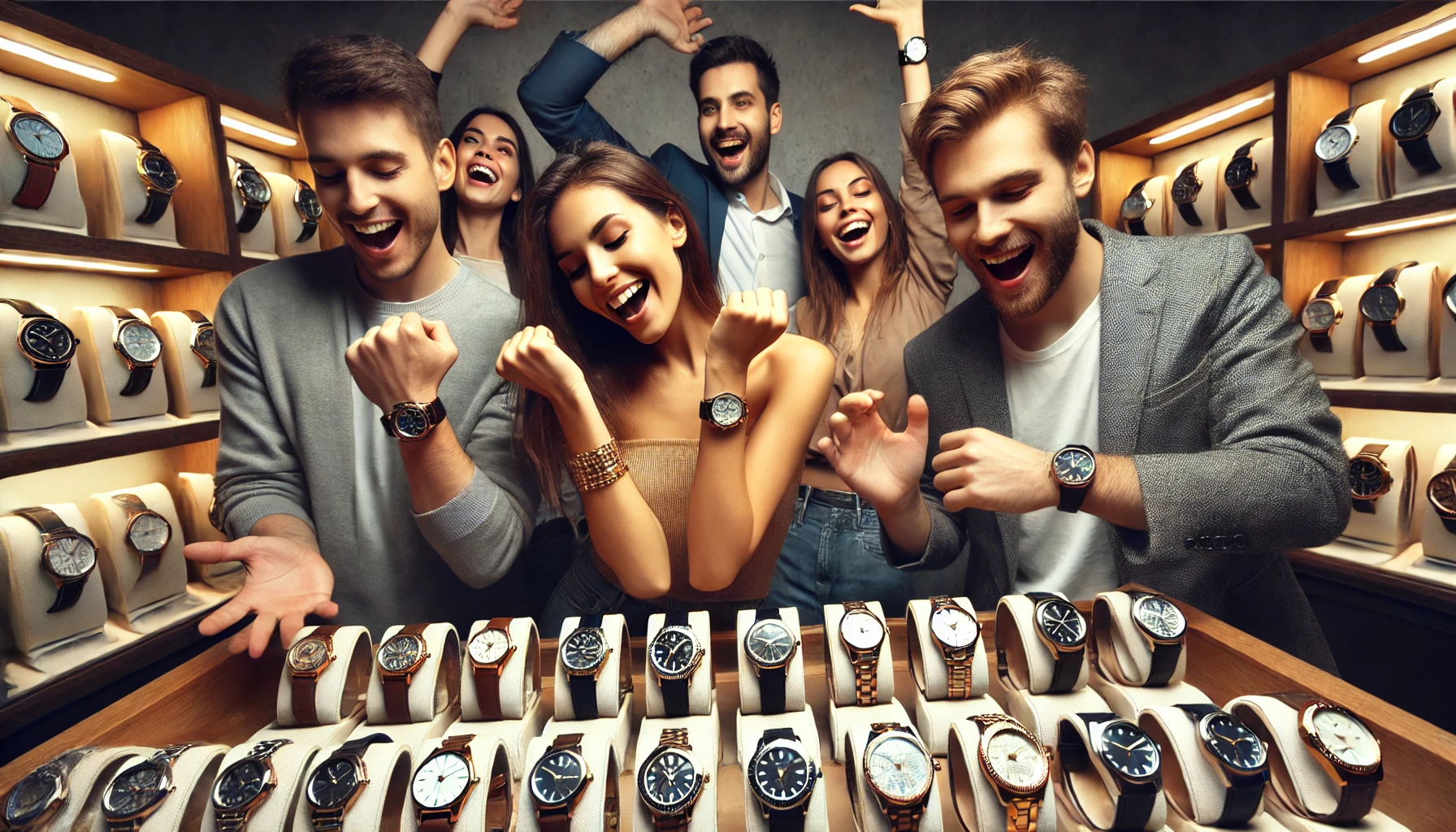 A group of people joyfully finding their favorite luxury watch from a collection. They are excited and happily trying on their chosen watches, surrounded by a variety of high-end timepieces. The background is a stylish and luxurious setting, representing the excitement of discovering the perfect watch. No visible brand logos.