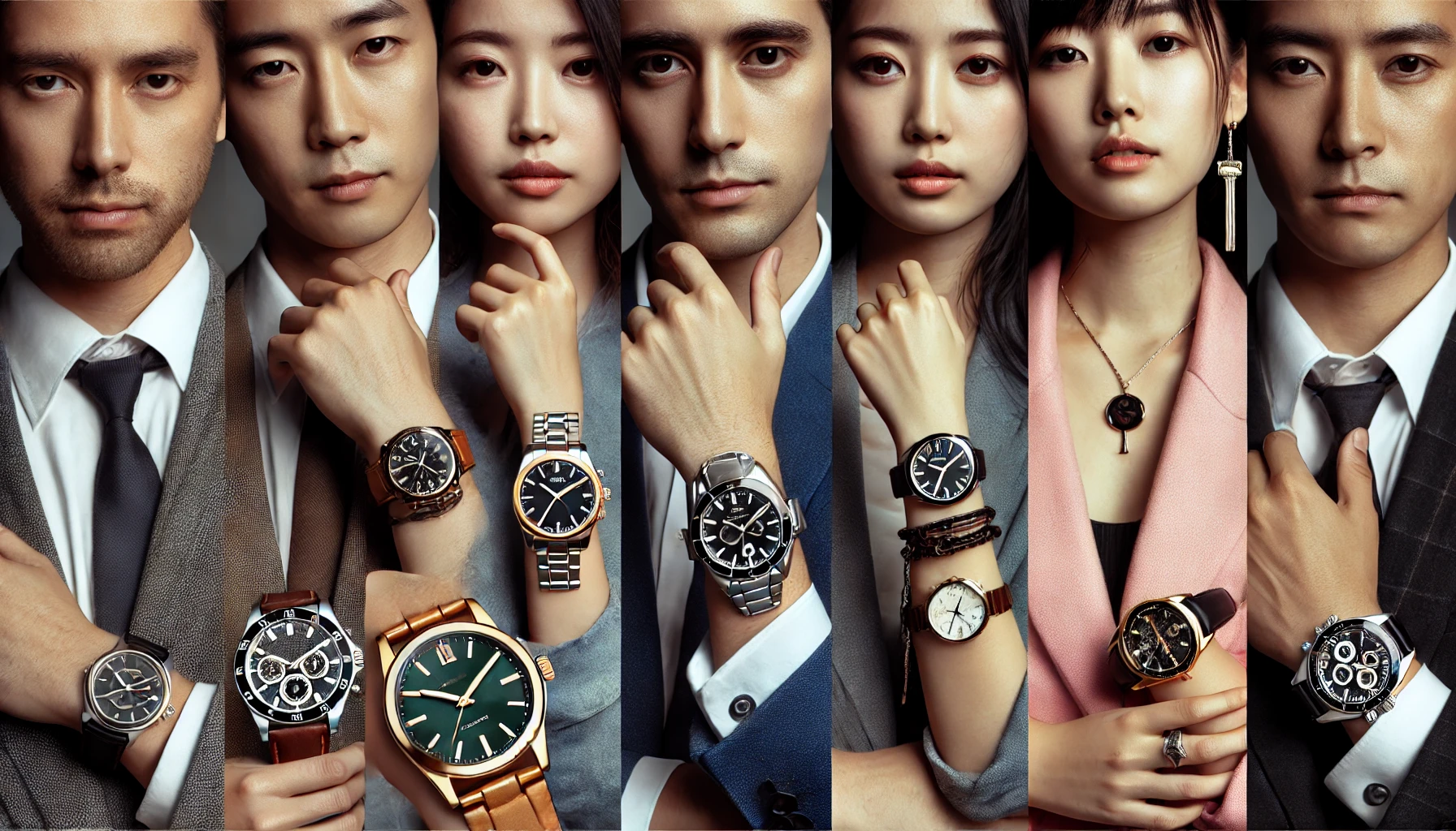 A group of diverse people wearing various luxury wristwatches, featuring Japanese individuals in different settings. Each person is showcasing their unique style while highlighting their high-end wristwatches without visible brand logos, focusing on elegance and refinement.