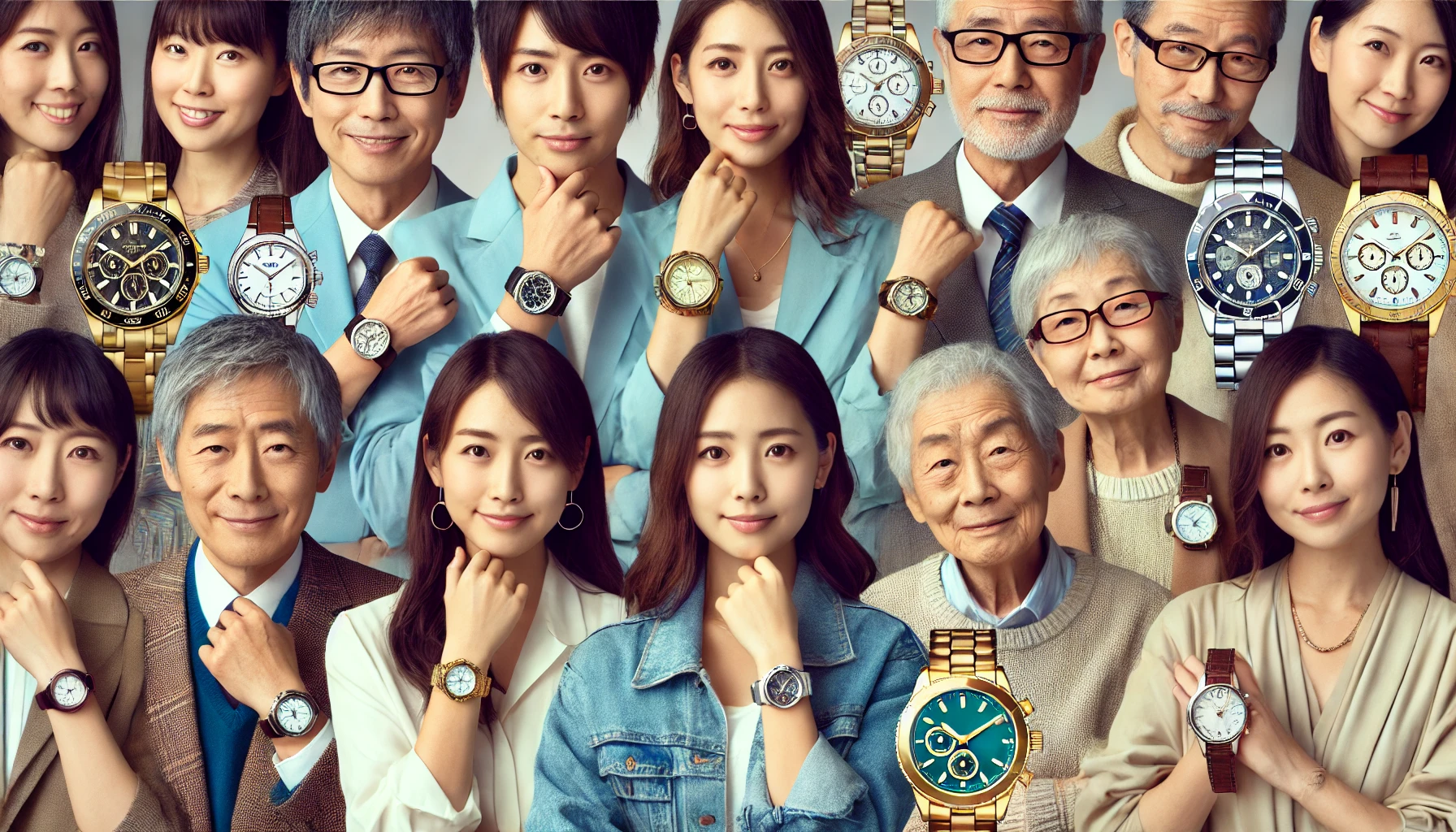 A diverse group of people from different age groups showcasing luxury wristwatches. The image includes Japanese individuals of various ages, from young adults to seniors, all enjoying their high-end watches. The focus is on the wide appeal of luxury watches across generations, without visible brand logos.