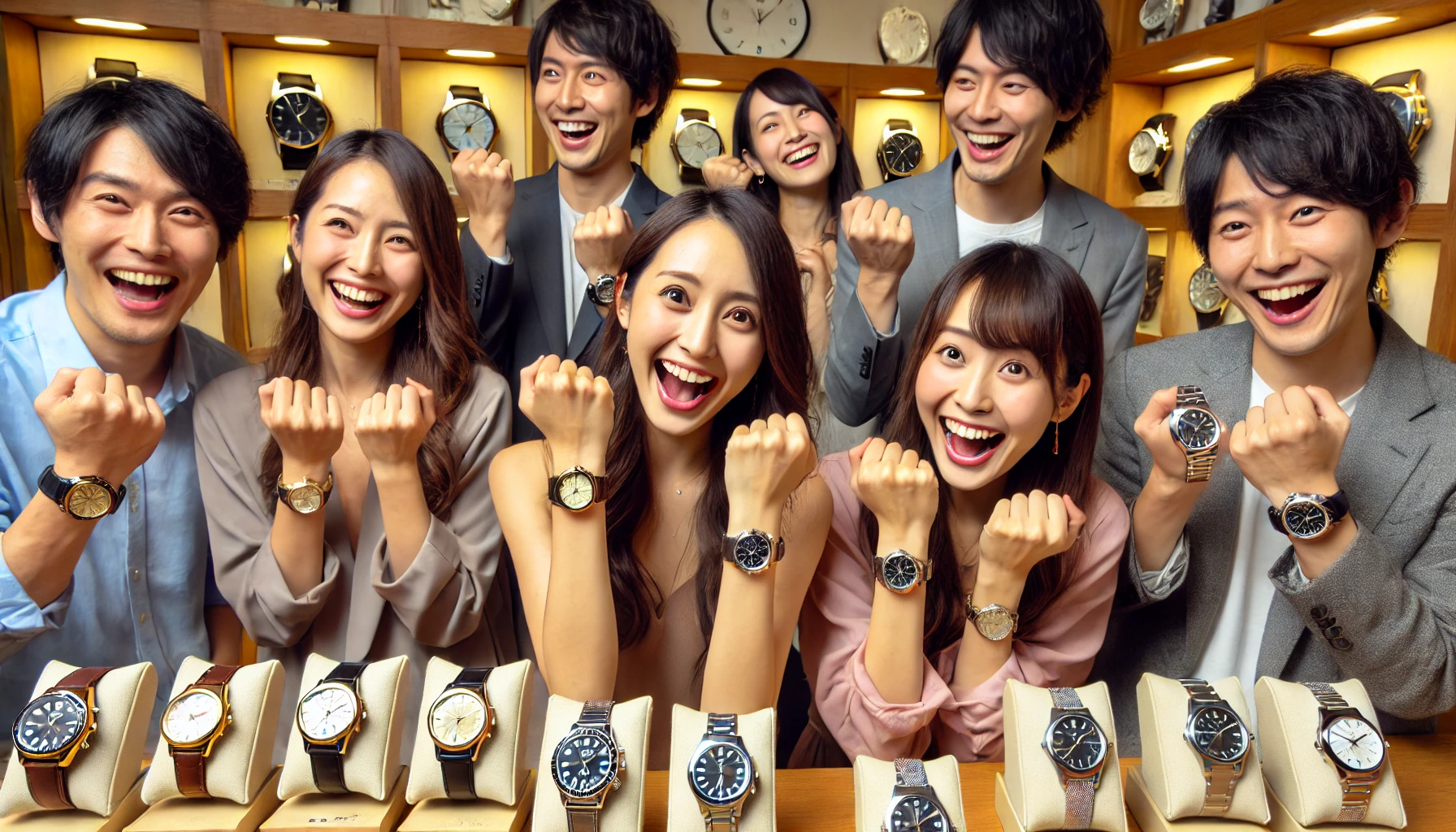 A group of Japanese people excitedly showing off their new luxury wristwatches after finding their favorites among various high-end options. They are smiling and joyful, celebrating their new purchases, focusing on the emotional satisfaction of owning luxury watches, without visible brand logos.