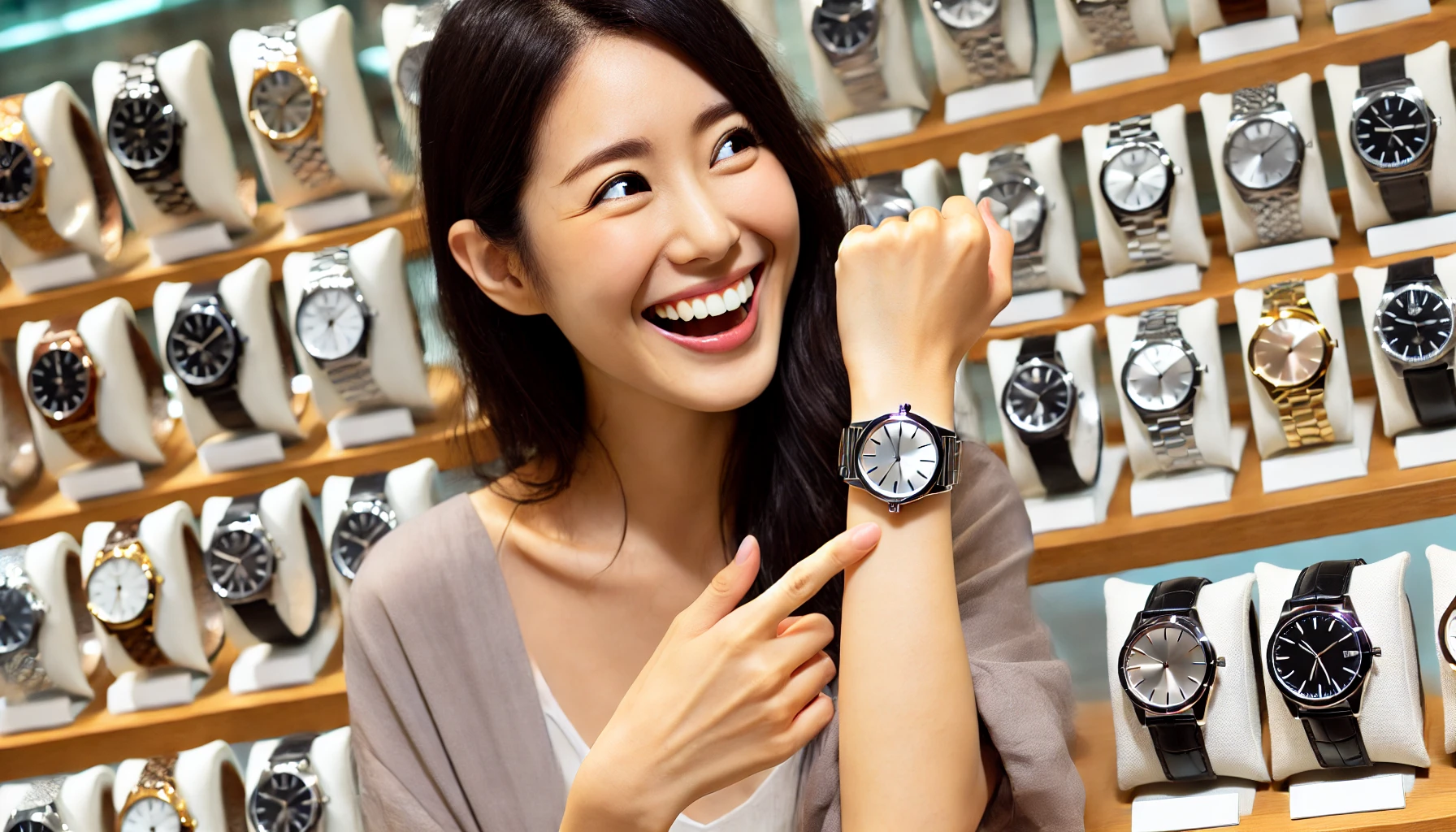 A happy Japanese woman finding and wearing her favorite luxury metallic-tone watch from a variety of high-end watches, showing joy and excitement after her purchase. The watches have sleek, elegant metallic surfaces without visible brand logos.