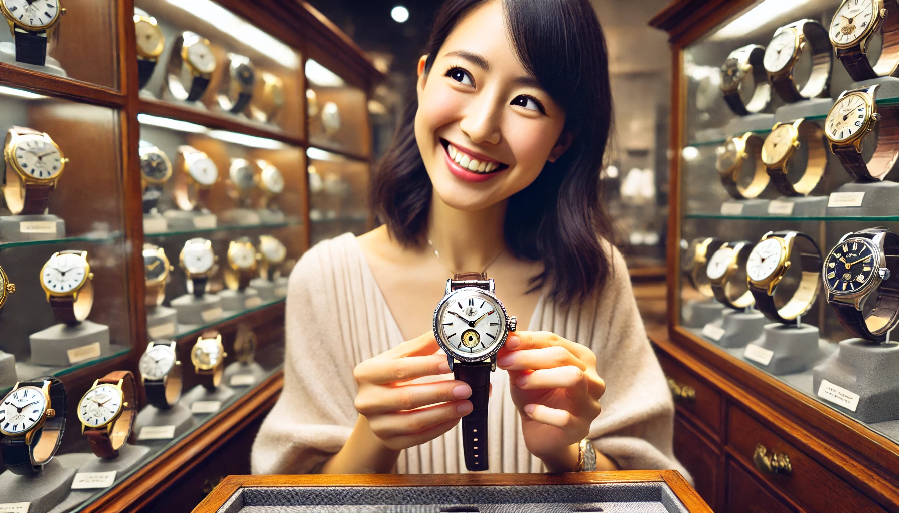 A Japanese woman smiling with joy after finding and purchasing her favorite luxury antique wristwatch from a collection. The scene is set in a high-end watch shop with vintage timepieces on display. She holds the chosen watch, radiating happiness, with an elegant, sophisticated environment around her, including a glass showcase filled with other antique wristwatches. No brand logos.