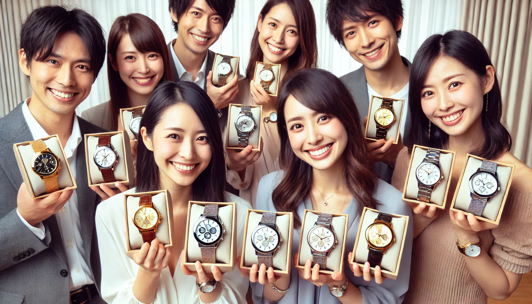 A group of Japanese people happily holding their new high-end metallic luxury wristwatches. They are smiling and proudly showing off the watches in their hands. The background is modern and elegant, reflecting their joy and satisfaction of finding their favorite timepieces. No brand logos visible.