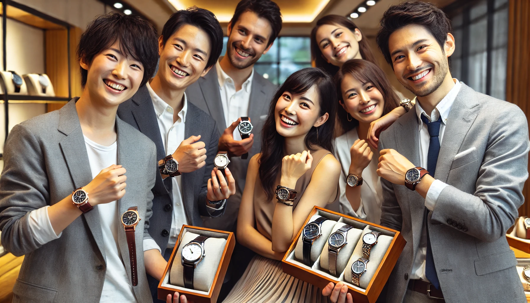 A group of happy Japanese people, including men and women, celebrating after purchasing their favorite metallic luxury wristwatches. They are showing their new watches, smiling, and admiring each other's purchases. The environment is modern and upscale, with elegant lighting and a joyful atmosphere. No brand logos visible. Horizontal, 16:9 aspect ratio.