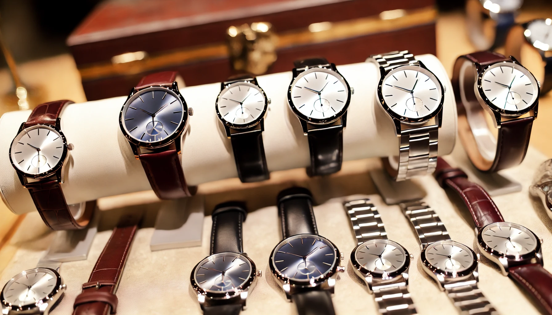 A variety of luxury pair wristwatches displayed elegantly, showcasing high craftsmanship. The focus is on pairs of watches, with sleek and minimalist designs, perfect for formal or casual occasions. The watches have leather and metal bands, displayed on a luxurious surface without any brand logos.