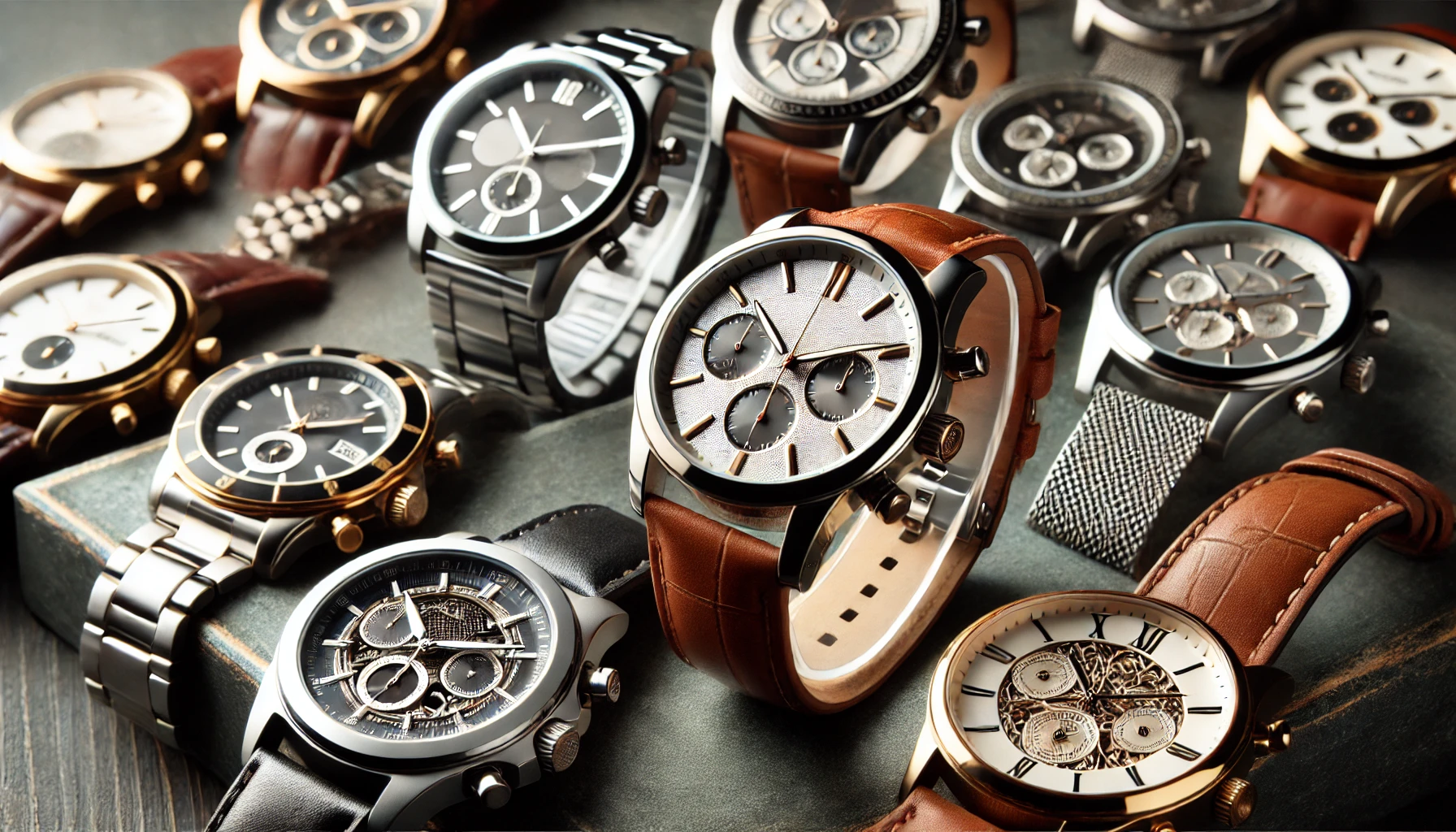 A close-up of a variety of luxury men's wristwatches from different pair collections. The designs are elegant and masculine, featuring metal and leather straps, some with intricate dials. Displayed on a stylish surface, these watches convey sophistication and class without any brand logos.