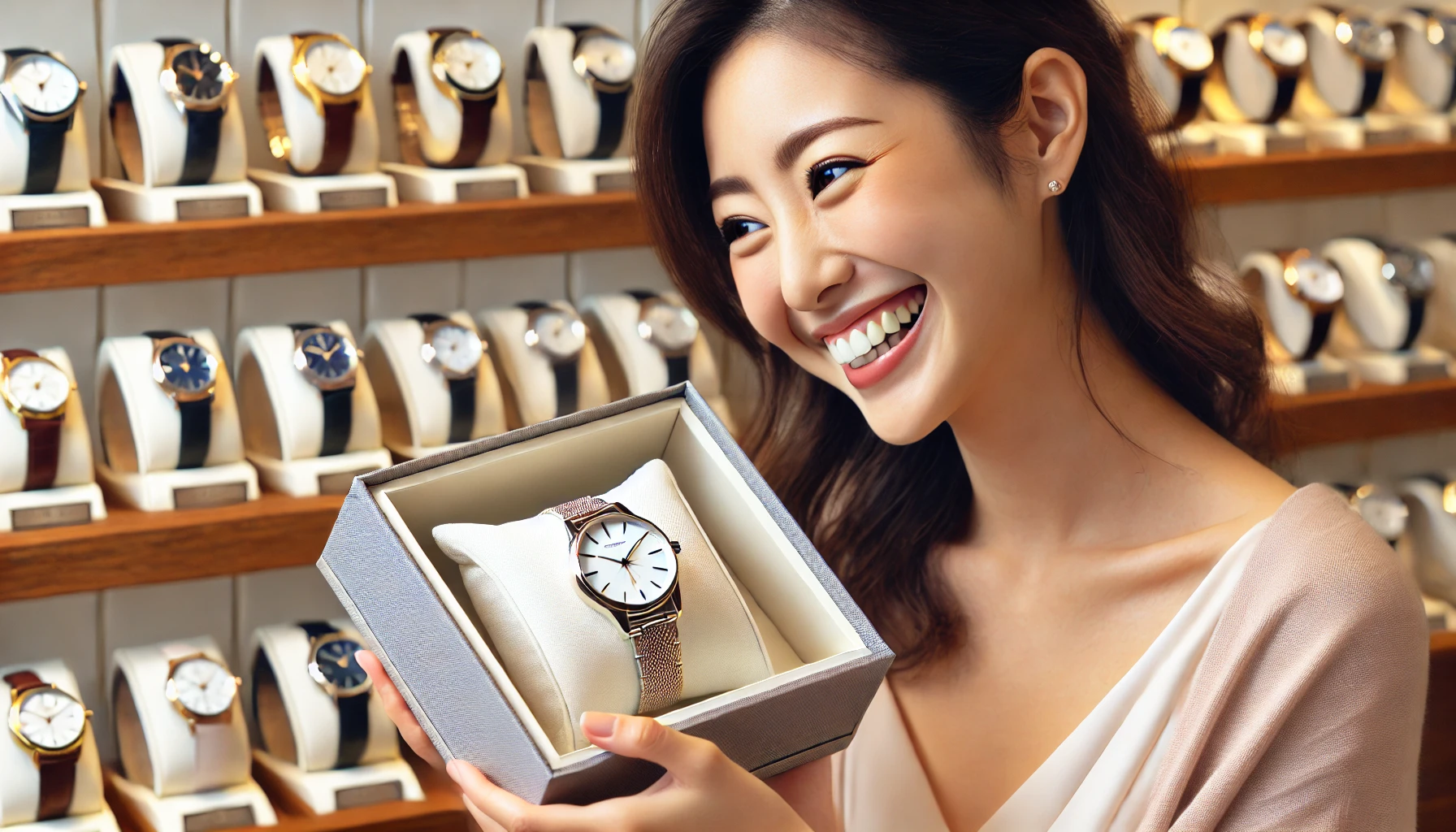 A Japanese woman happily receiving her favorite luxury wristwatch from a variety of pair watches. She is smiling and excited, holding the watch in a box, showing it off proudly. The setting is elegant, possibly in a store or a high-end boutique. The focus is on her joy and the elegant watch without any brand logos.