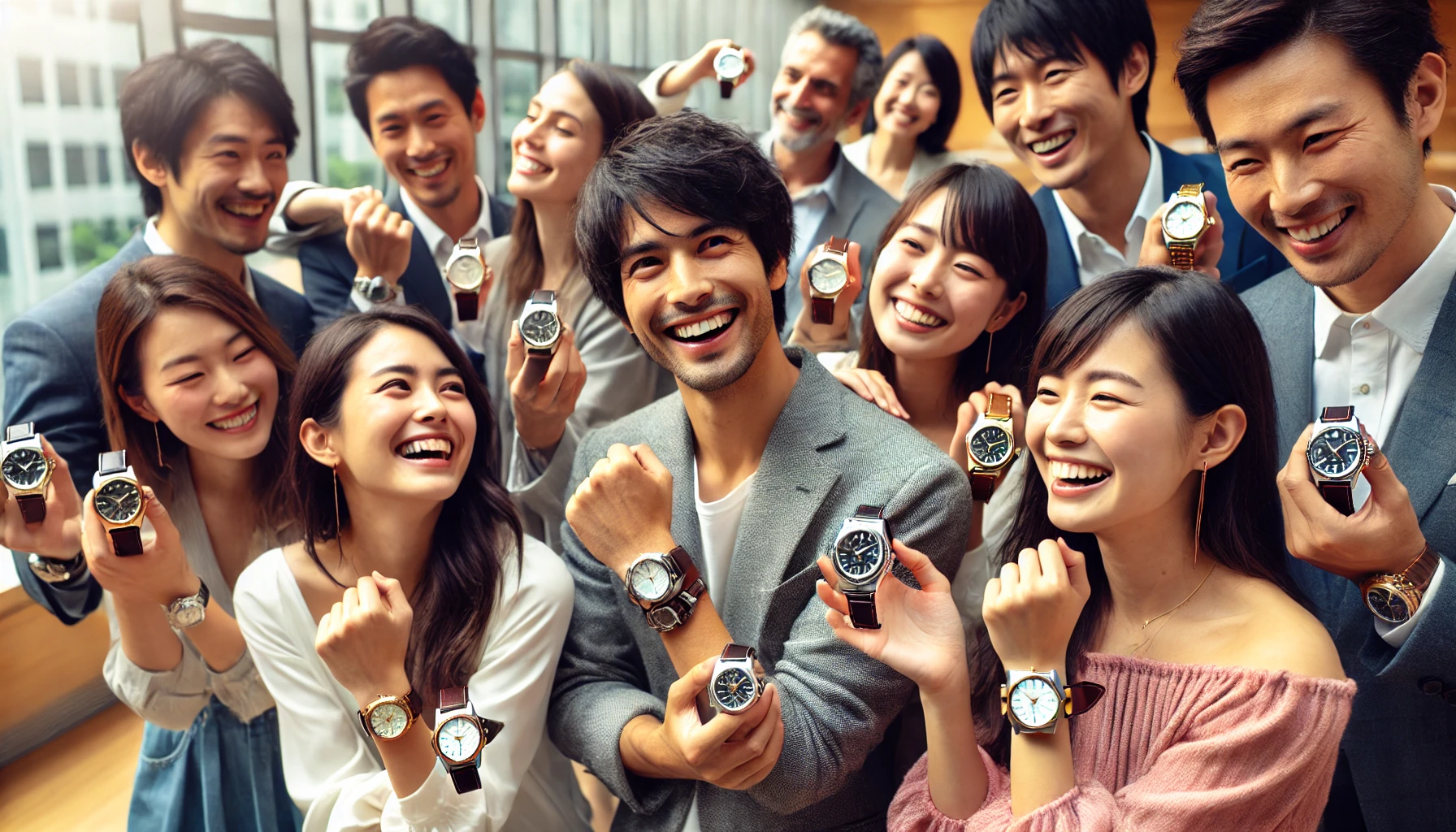 A group of people, including both men and women, joyfully admiring and showing off their favorite luxury wristwatches. The watches feature metallic finishes like silver and gold, and the people, including Japanese individuals, are gathered in a modern, bright space. The mood is celebratory, with everyone pleased and satisfied with their chosen timepieces. The scene emphasizes the personal value and satisfaction of finding the perfect watch.