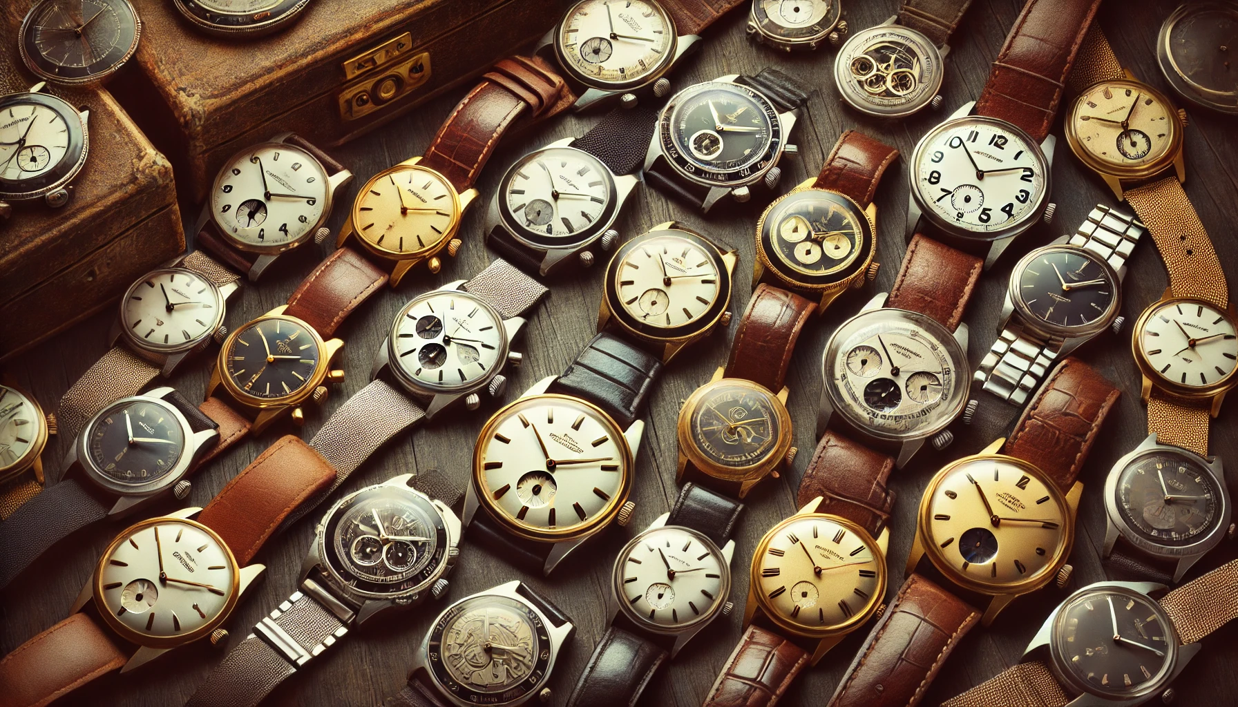 A collection of luxury antique wristwatches from different decades being displayed. The watches have varied designs, representing different eras from the 1950s to the 1980s. Leather, gold, and stainless steel watches, all in pristine condition, are laid out in a vintage, elegant setting to showcase the evolution of watch design over the decades. No brand logos.