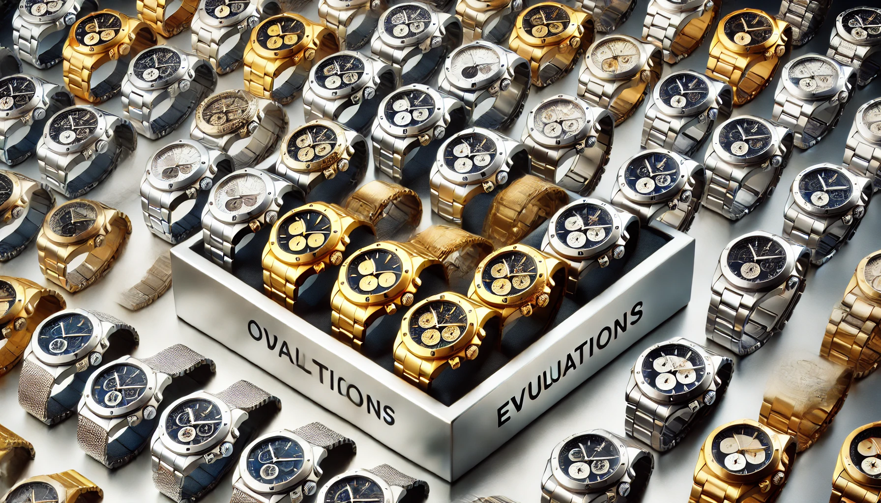 A collection of various metallic luxury wristwatches, with contrasting evaluations highlighting the polarization in public opinion, presented in a sleek display. The watches should feature metallic finishes in silver, gold, and platinum tones, without brand logos. The scene should emphasize a luxurious and high-end feel, showcasing the divide in opinions with subtle cues like different price tags or minimal background expressions of approval and disapproval.