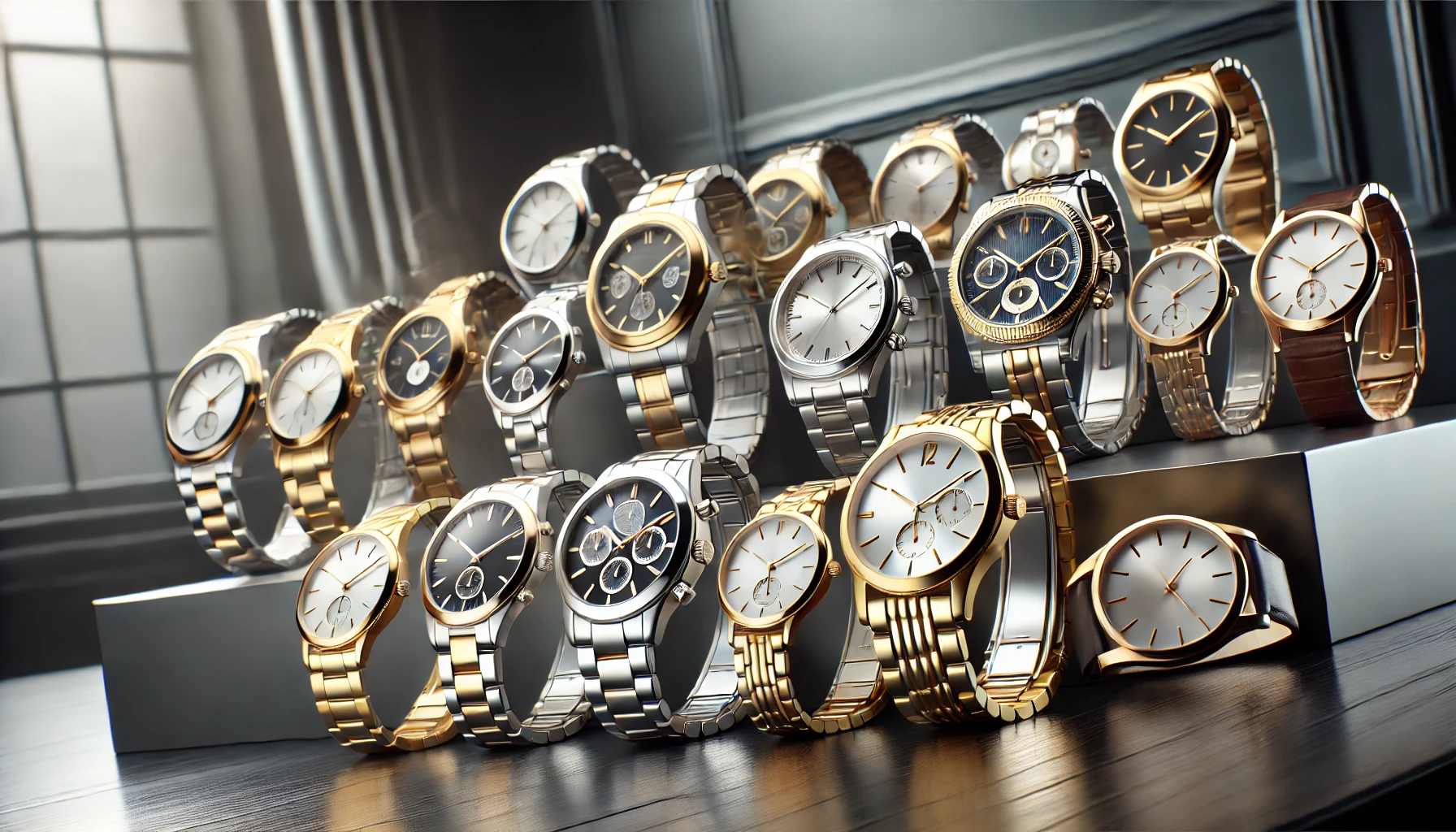 A collection of various metallic-toned luxury watches displayed on a sleek surface, appealing to a wide range of ages. The watches have shiny silver, gold, and titanium finishes, representing different generations' tastes. The background is elegant and stylish, highlighting the watches' broad appeal.