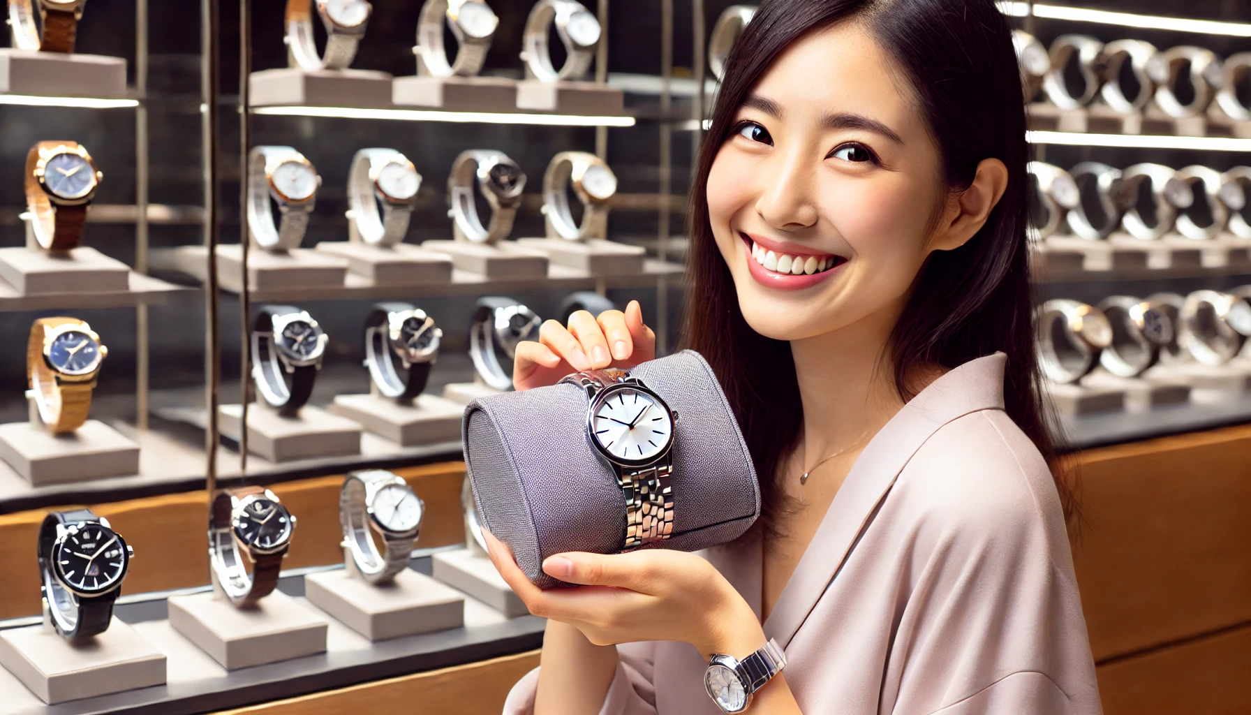 A happy Japanese woman holding a newly purchased luxury metallic-toned watch, smiling with joy. She is standing in a modern boutique store, with a sleek display of various metallic luxury watches in the background. The watch she holds has a shiny silver finish, and the overall atmosphere is one of excitement and satisfaction.