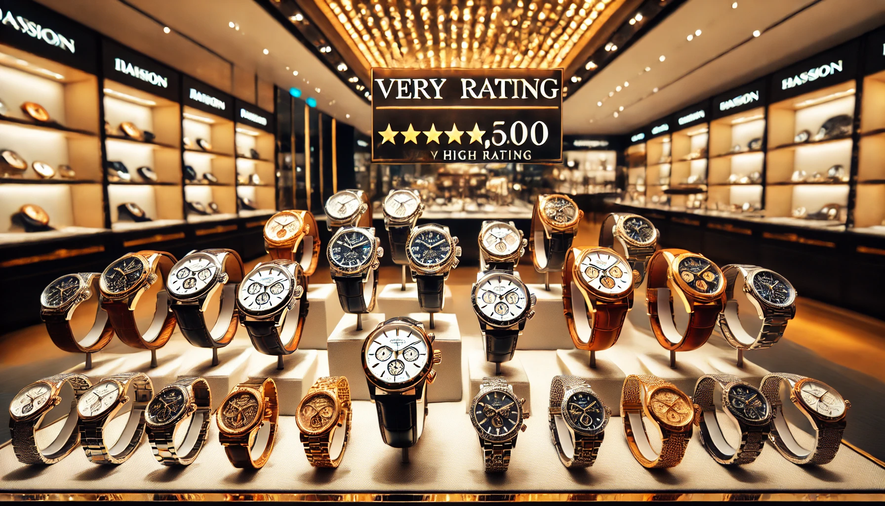 A display of various luxury watches with a very high rating, showing multiple elegant timepieces in a sophisticated setting. The watches are arranged neatly in rows, highlighting their craftsmanship and premium design. Background includes a luxurious store or showcase, with warm lighting to emphasize the exclusivity and high-class appeal of the watches.