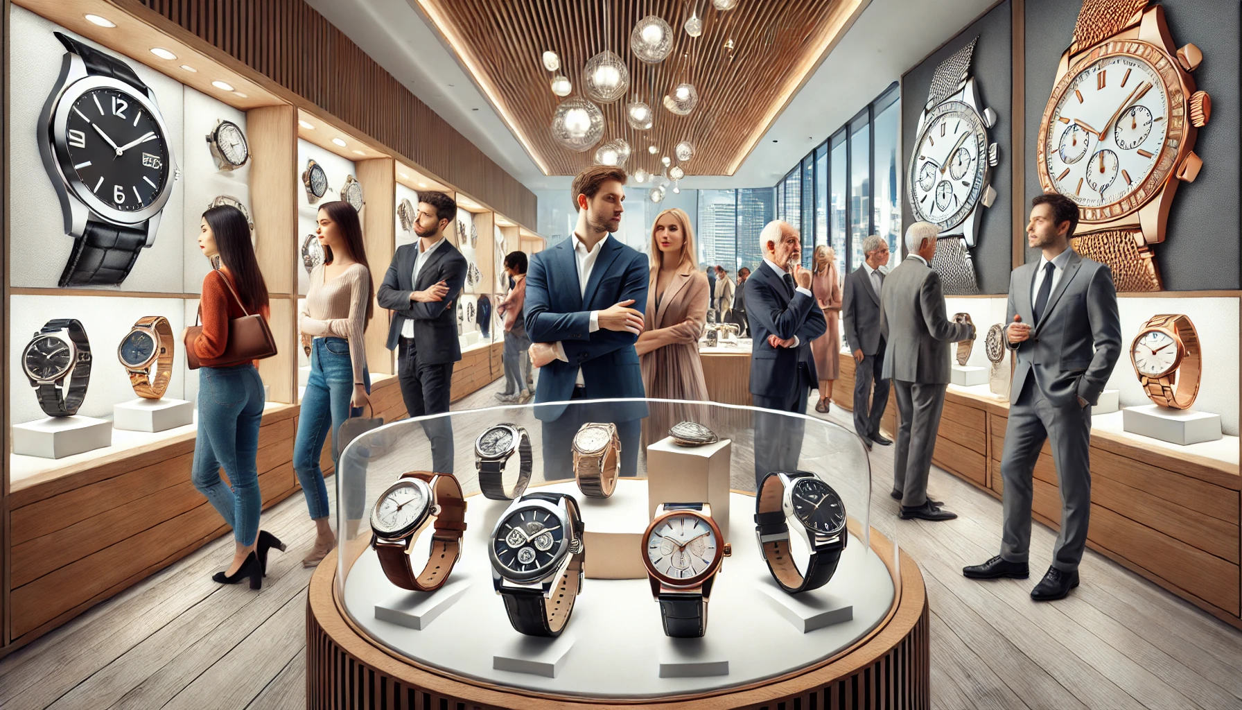 A wide display of various luxury watches showcasing their popularity across different age groups. The watches are displayed in a stylish setting, surrounded by people from different age ranges, including young adults, middle-aged professionals, and elderly, appreciating the fine craftsmanship of the timepieces. Background features a modern store or boutique with soft, elegant lighting.