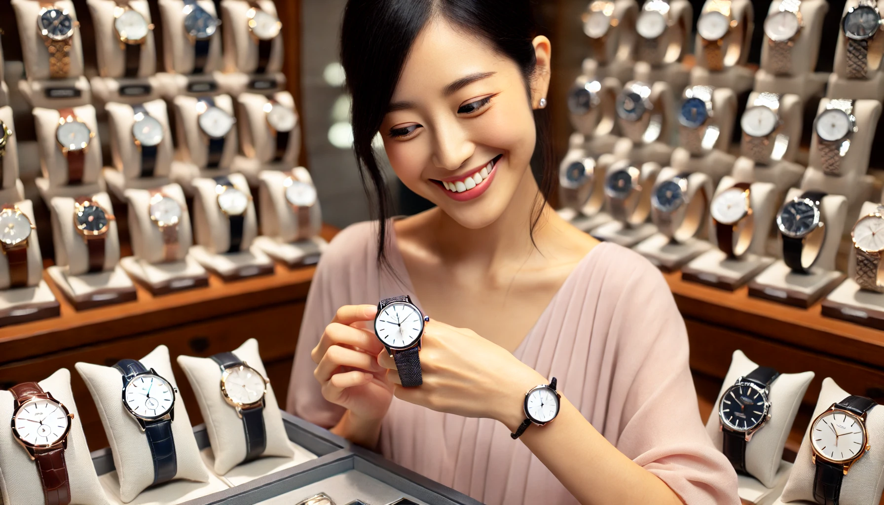 A happy Japanese woman finding her favorite luxury watch from a variety of elegant timepieces. She is smiling, holding the watch in a well-lit, modern store with a luxurious display of various watches in the background. The scene is celebratory, capturing the excitement of purchasing a new, cherished item.